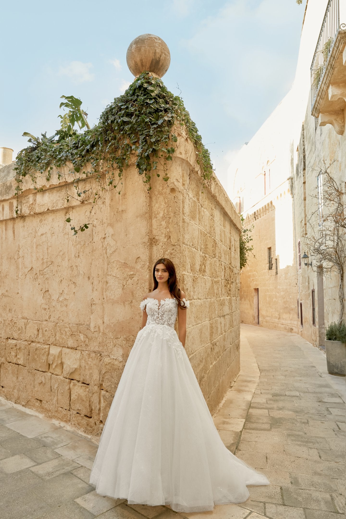 Tulle A-Line Gown with Plunging Notch Neckline and 3D Florals