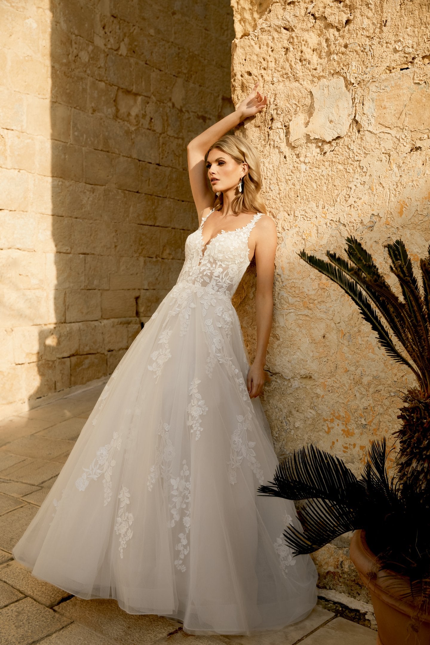 Tulle A-Line Gown with Sequin Lace Appliqués on Bodice and Skirt