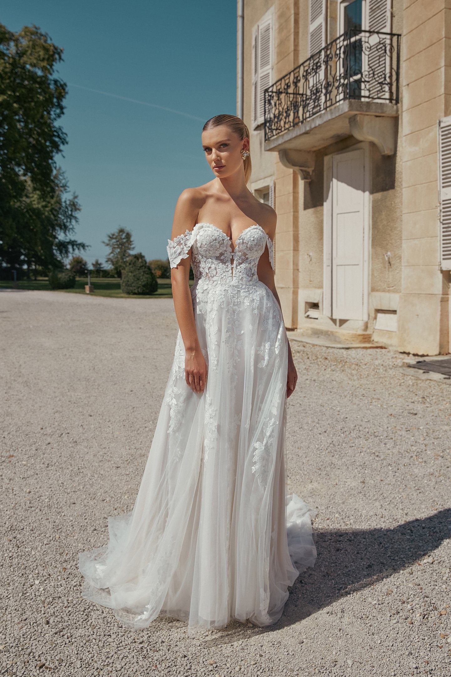 A-Line Gown with Detachable Off-The-Shoulder Straps and Sheer Bodice