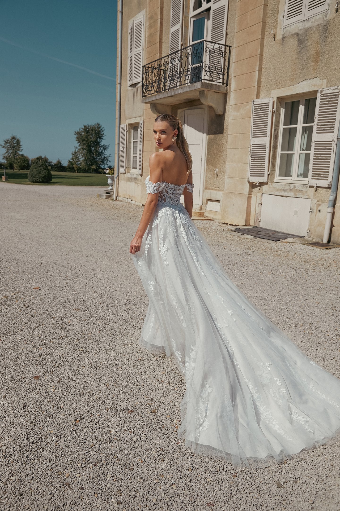 A-Line Gown with Detachable Off-The-Shoulder Straps and Sheer Bodice