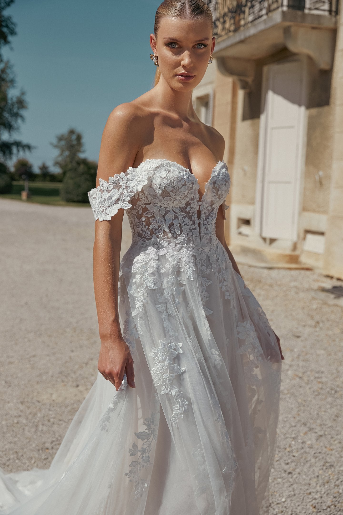 A-Line Gown with Detachable Off-The-Shoulder Straps and Sheer Bodice