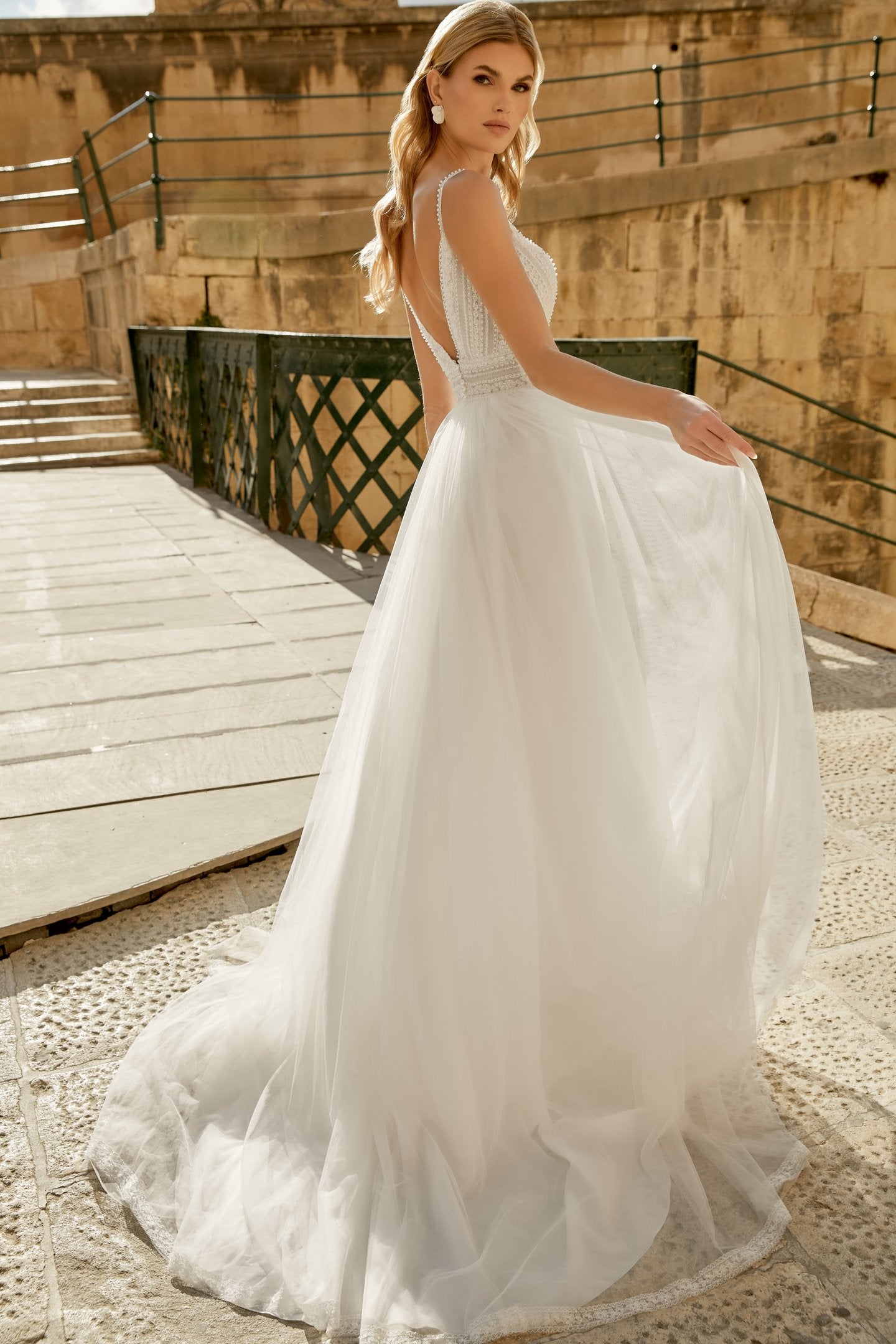 Beaded Lace A-Line Gown with V-Neckline and Beaded Straps