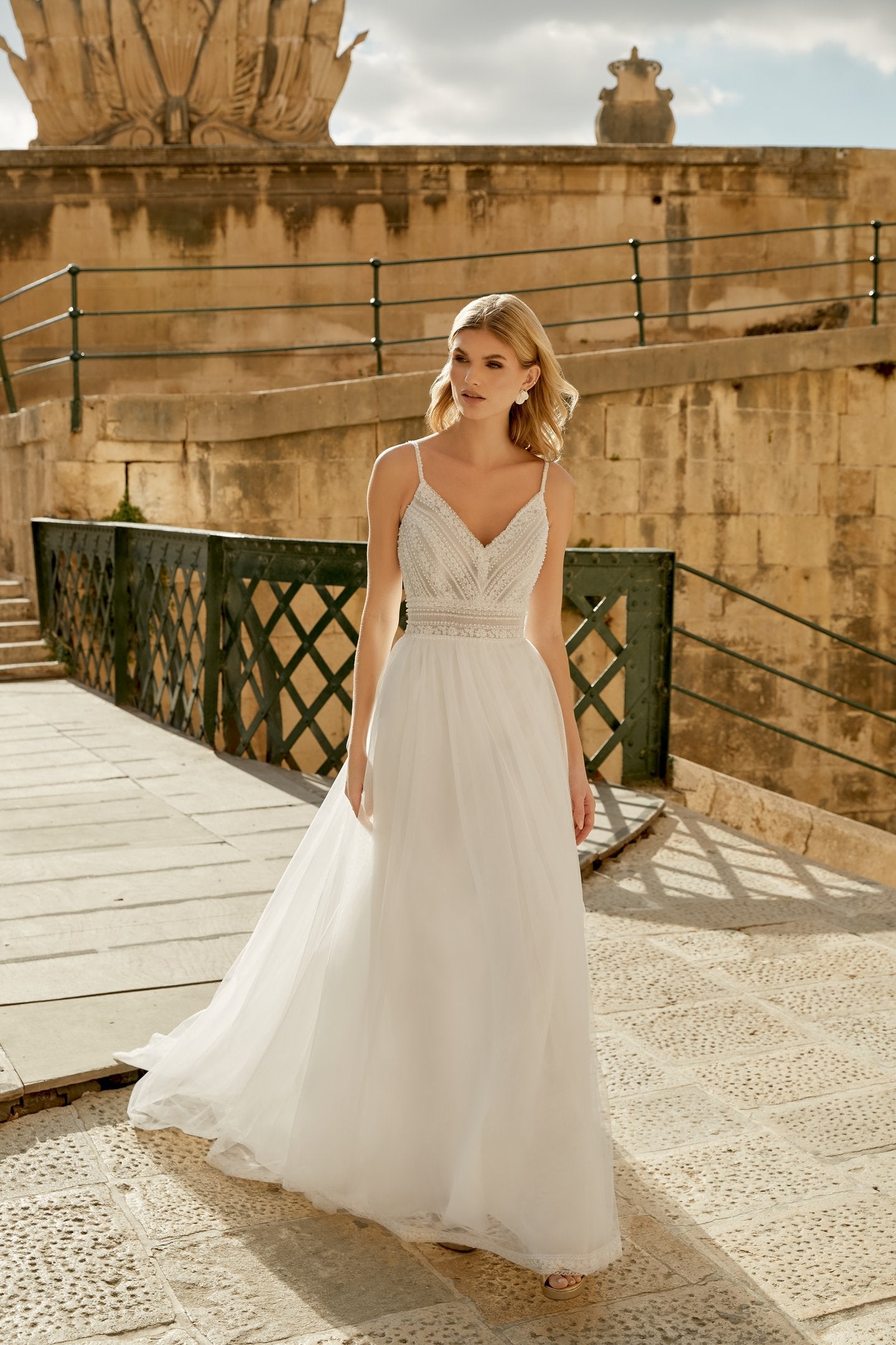 Beaded Lace A-Line Gown with V-Neckline and Beaded Straps