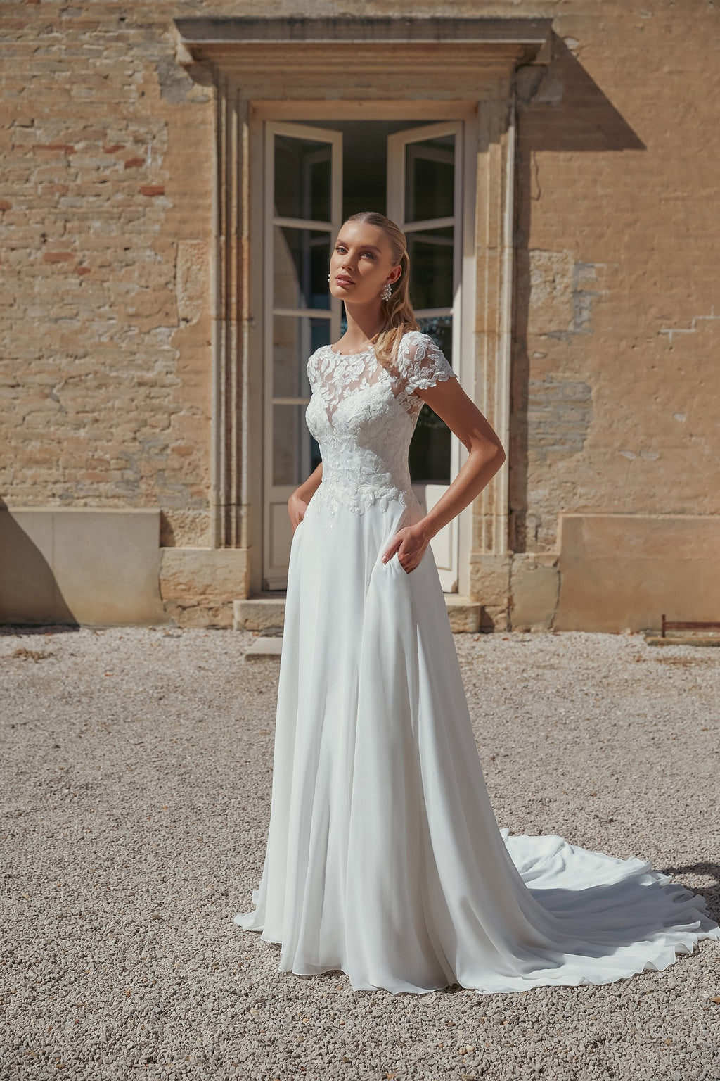 Chiffon A-Line Bridal Gown with Sabrina Neckline and Pockets