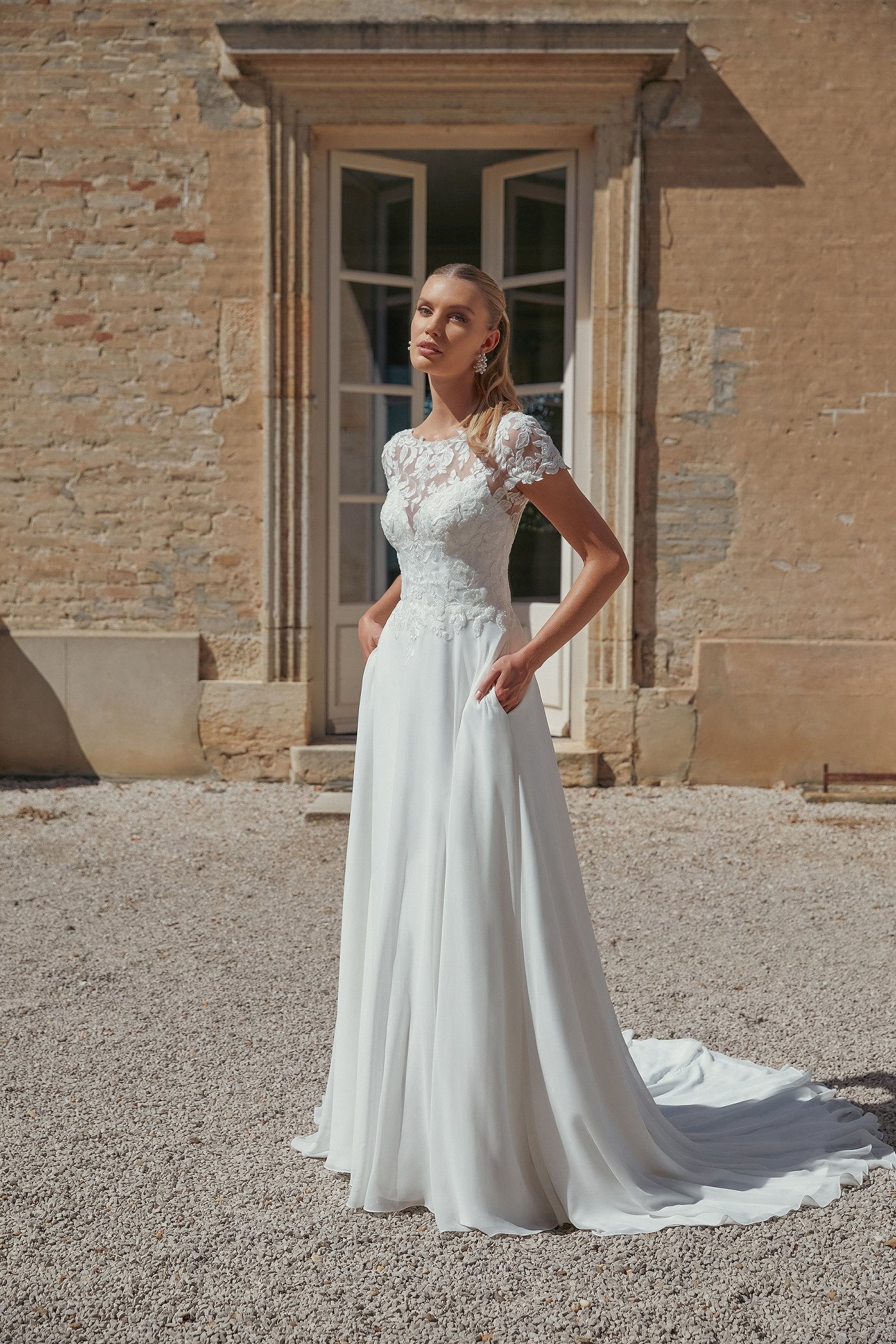 Chiffon A-Line Bridal Gown with Sabrina Neckline and Pockets