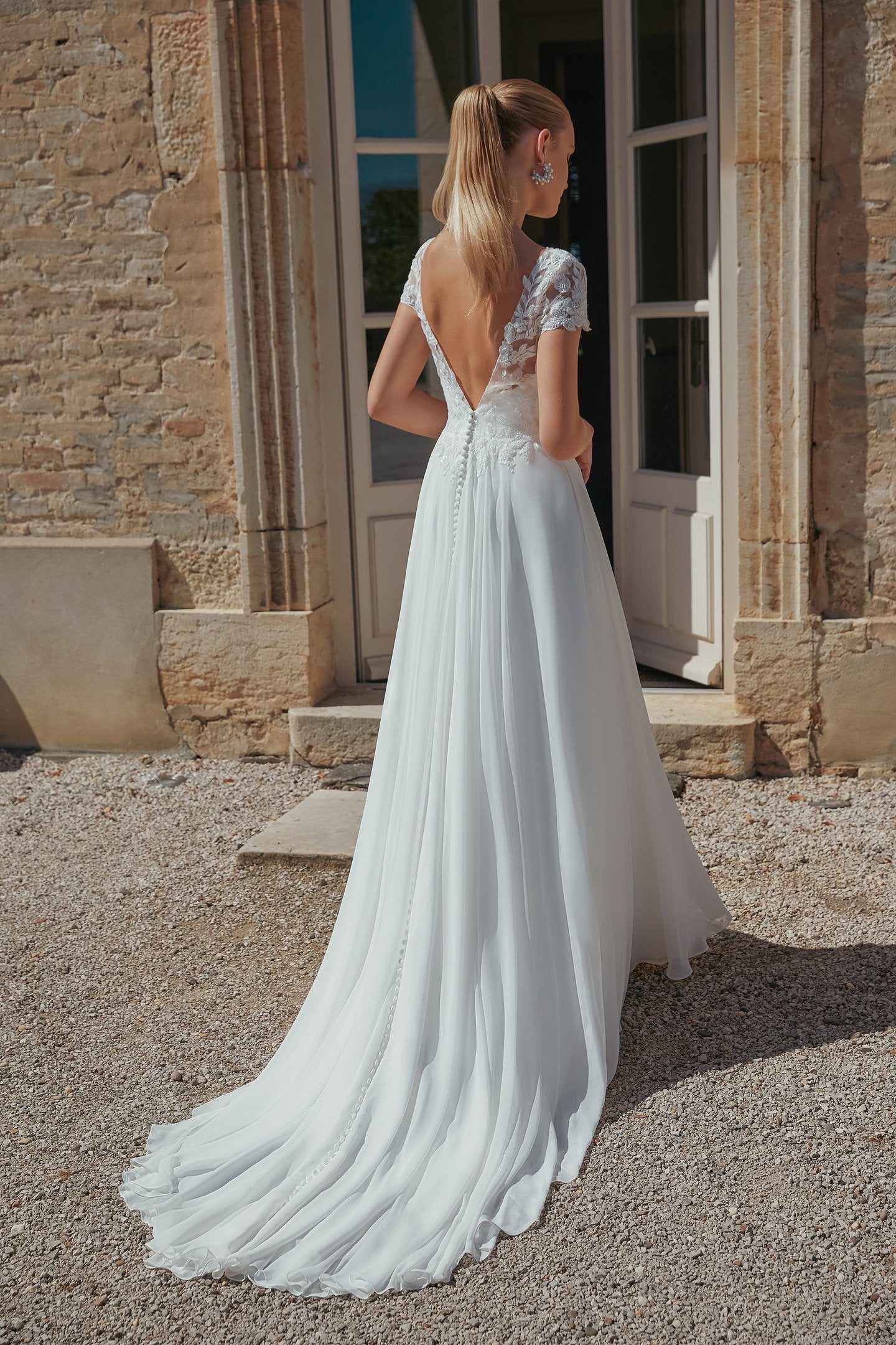 Chiffon A-Line Bridal Gown with Sabrina Neckline and Pockets
