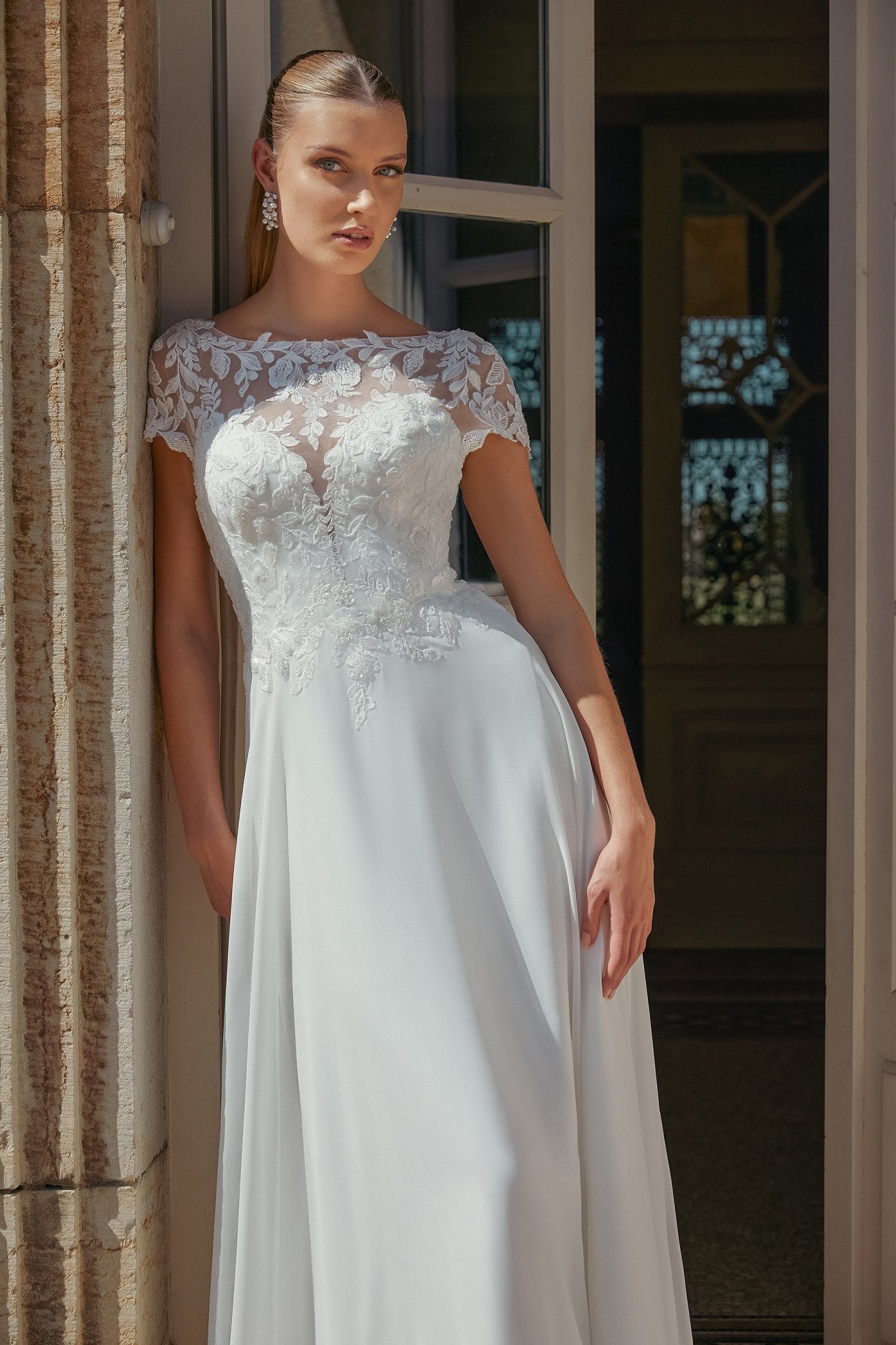 Chiffon A-Line Bridal Gown with Sabrina Neckline and Pockets