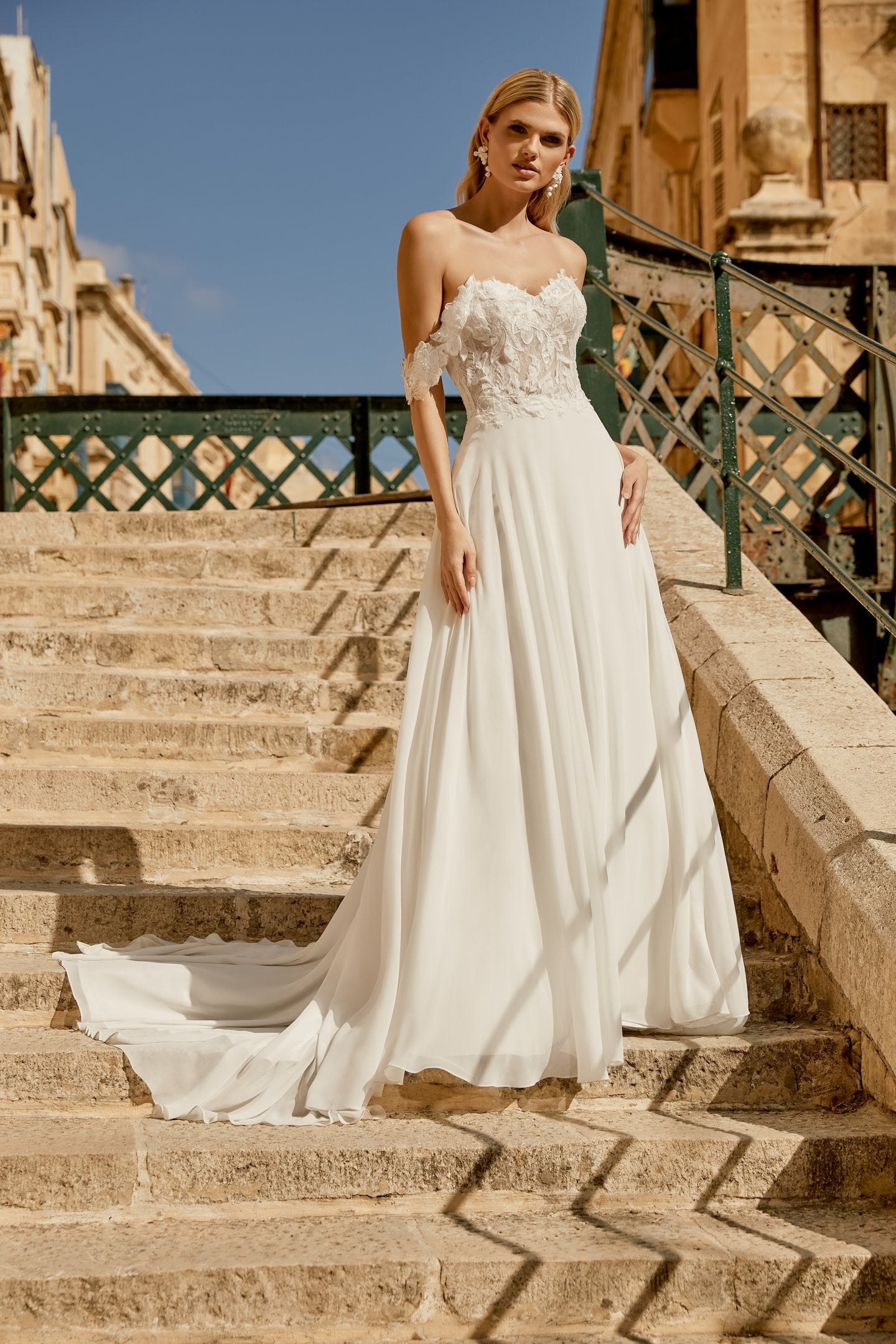 Chiffon A-Line Gown with Embroidered Lace and 3D Appliques