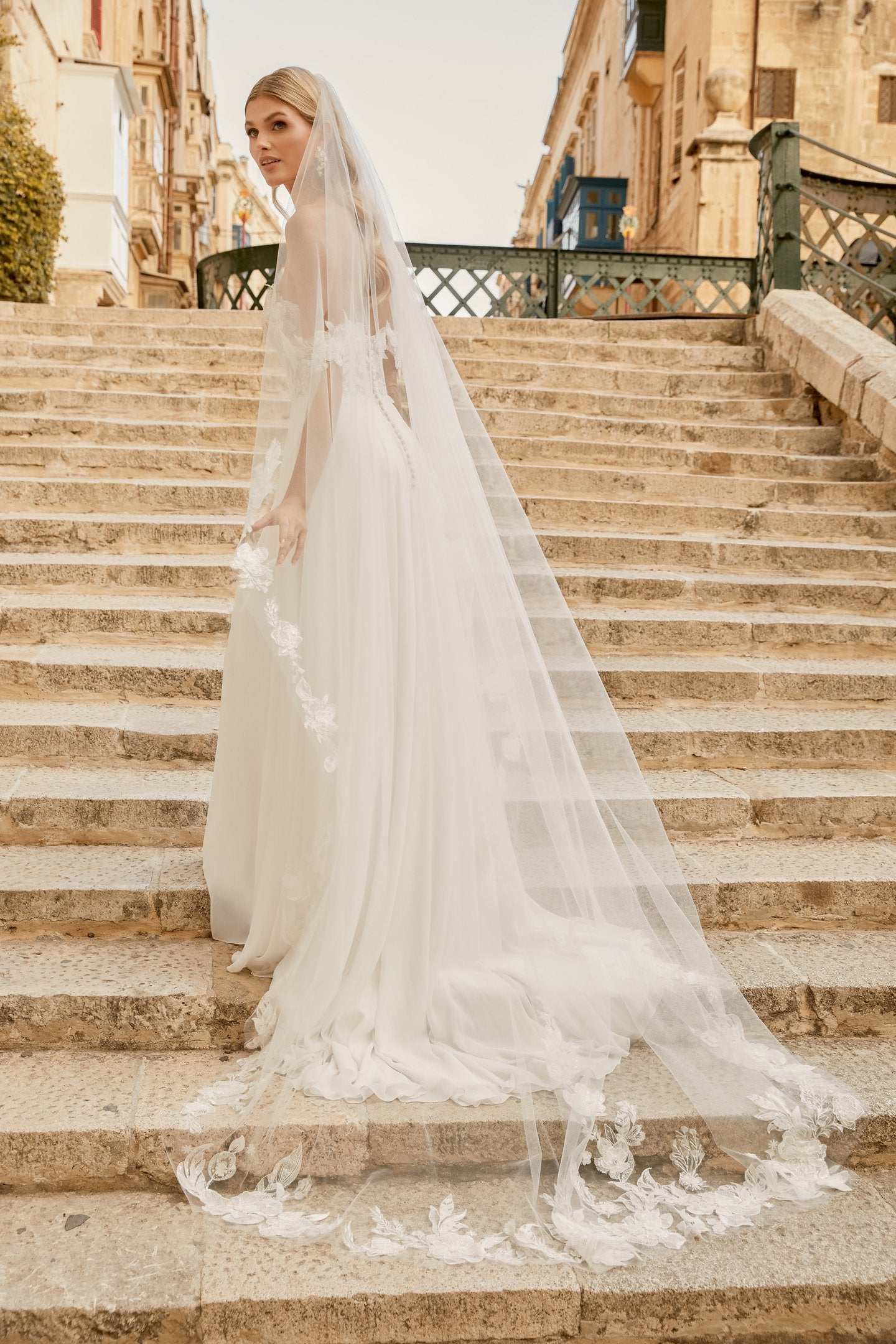 Chiffon A-Line Gown with Embroidered Lace and 3D Appliques