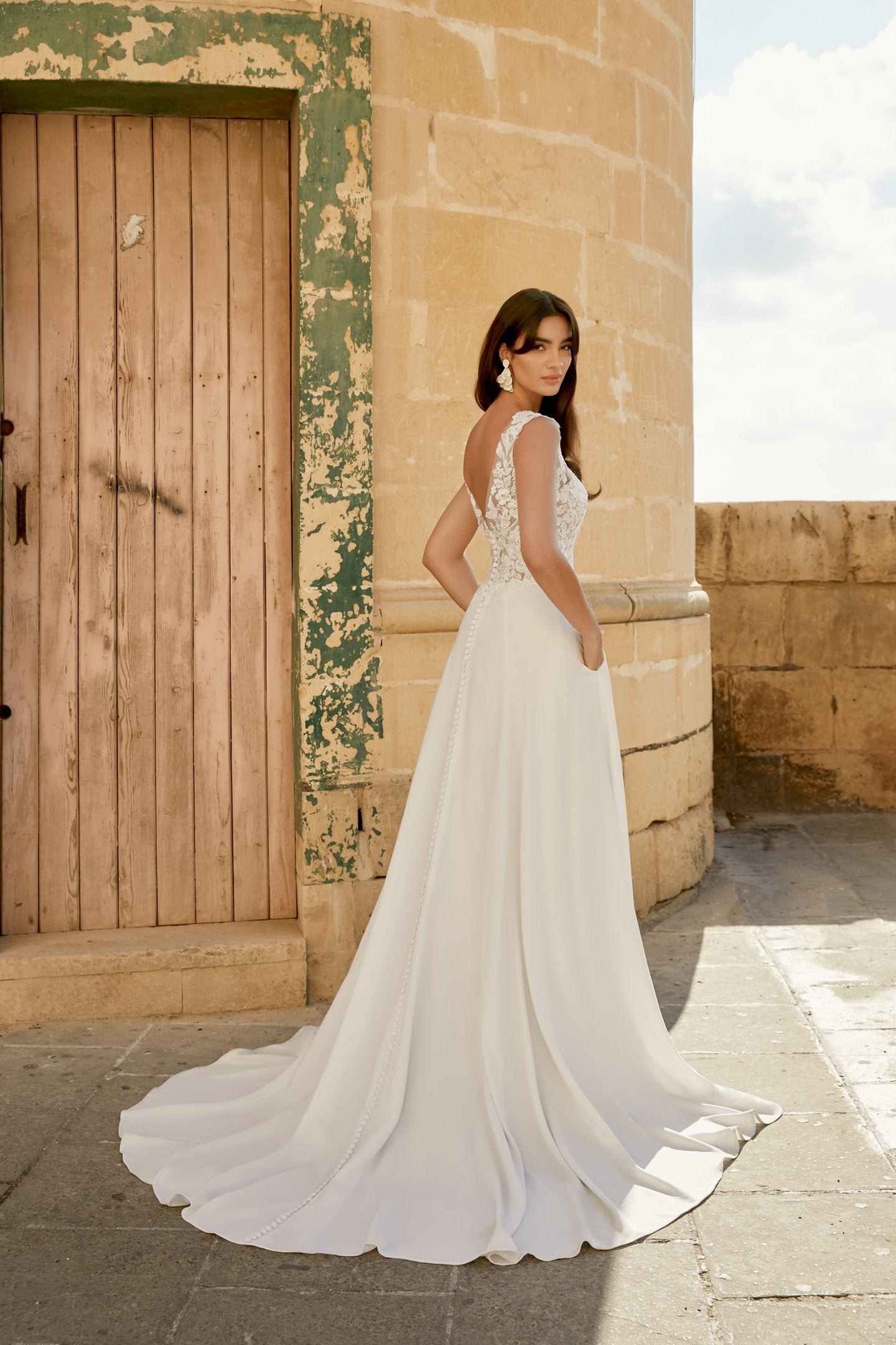 Crepe A-Line Gown with Illusion Sabrina Neckline and Lace Appliqués