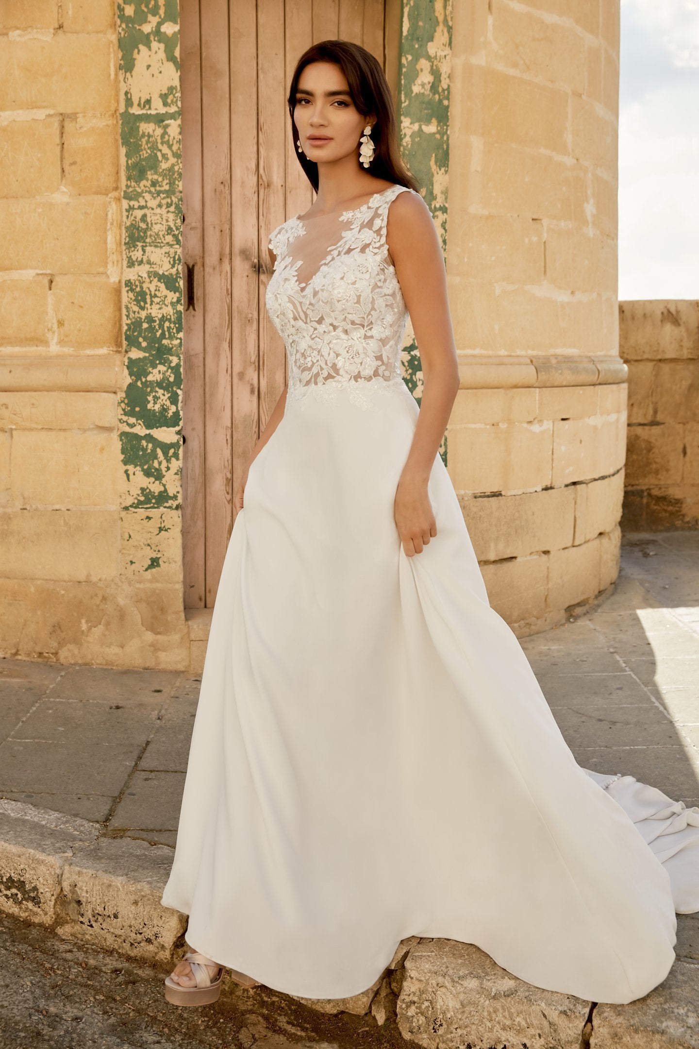 Crepe A-Line Gown with Illusion Sabrina Neckline and Lace Appliqués
