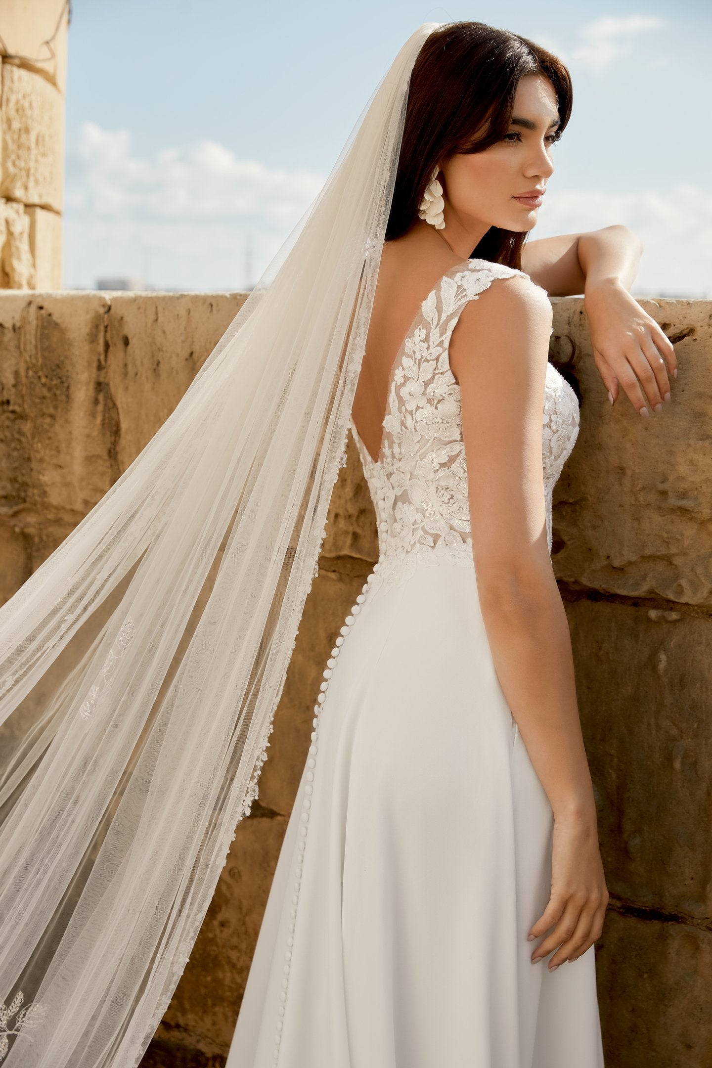 Crepe A-Line Gown with Illusion Sabrina Neckline and Lace Appliqués