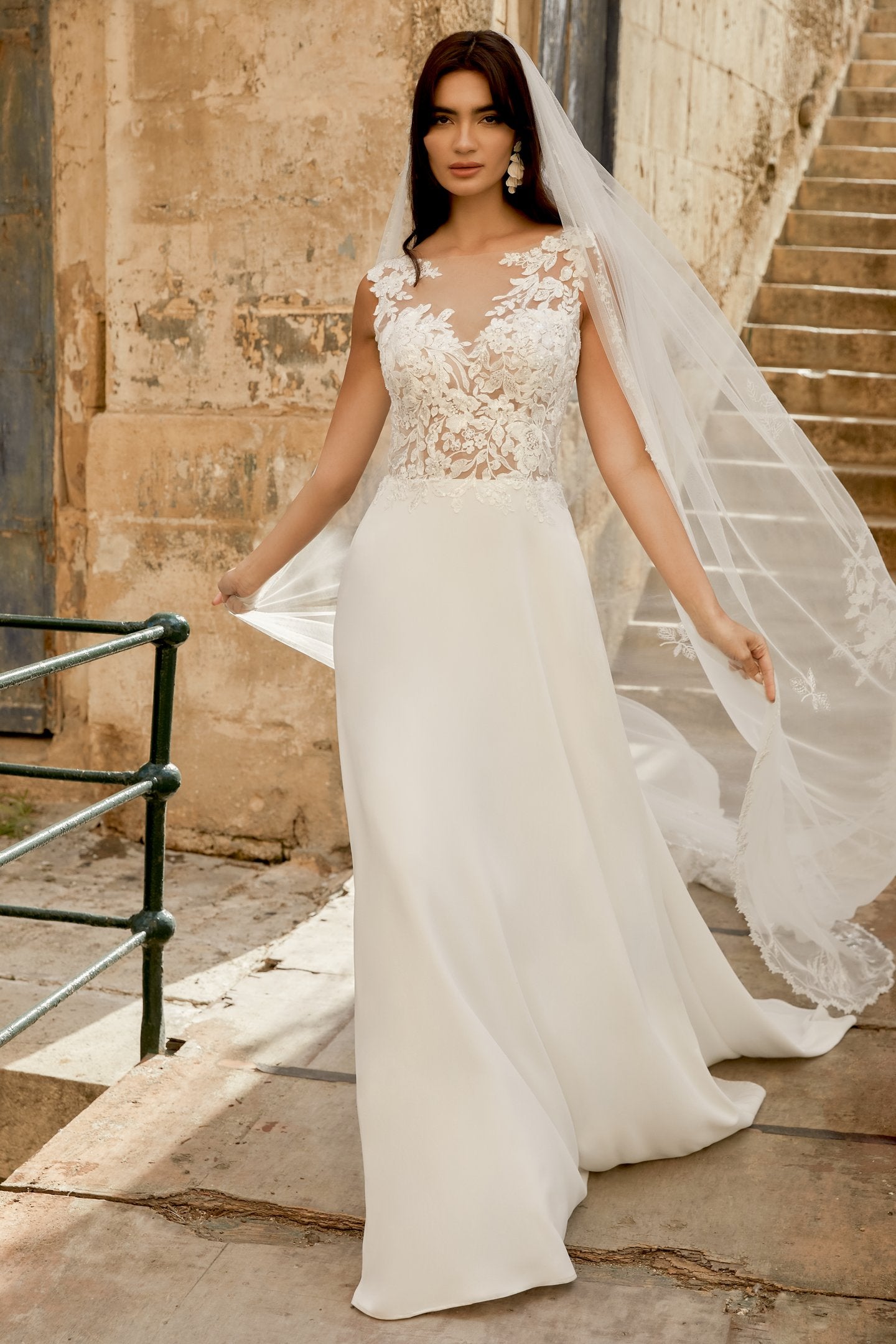 Crepe A-Line Gown with Illusion Sabrina Neckline and Lace Appliqués