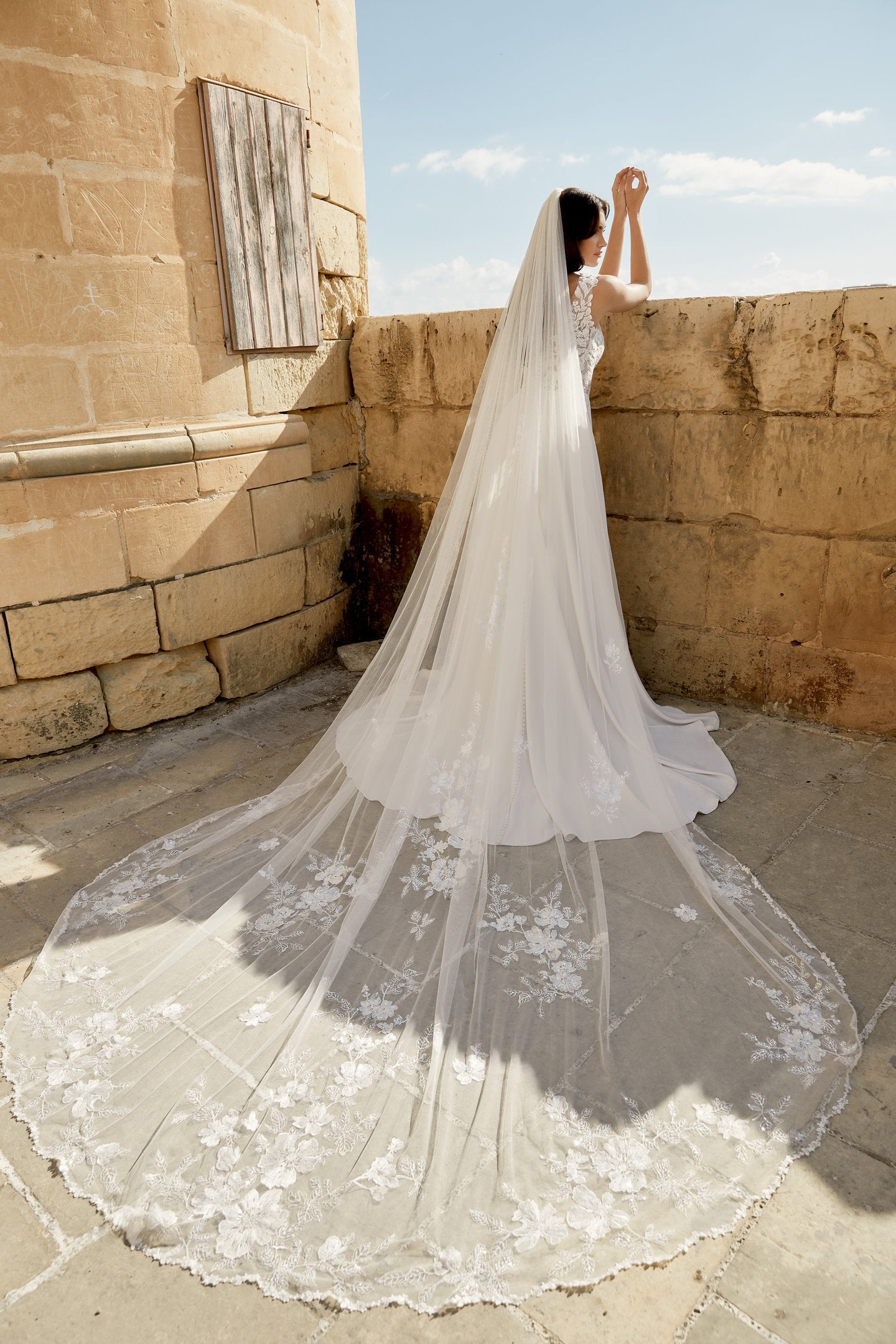 Crepe A-Line Gown with Illusion Sabrina Neckline and Lace Appliqués