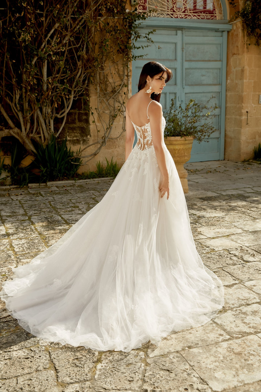 Glitter Tulle A-Line Gown with Square Neckline and Basque Waistline