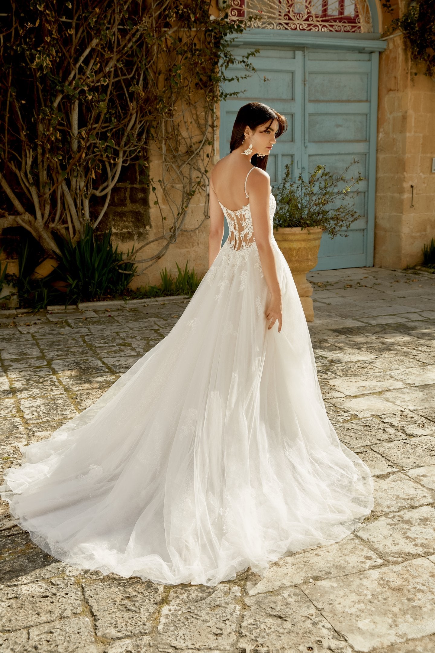 Glitter Tulle A-Line Gown with Square Neckline and Basque Waistline
