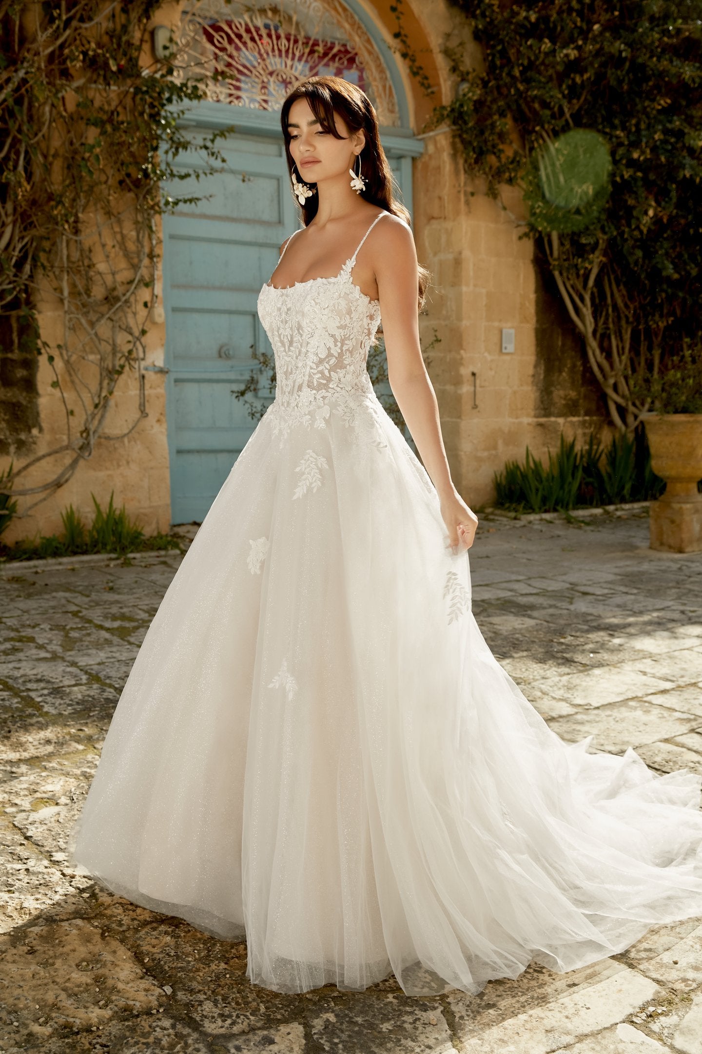Glitter Tulle A-Line Gown with Square Neckline and Basque Waistline