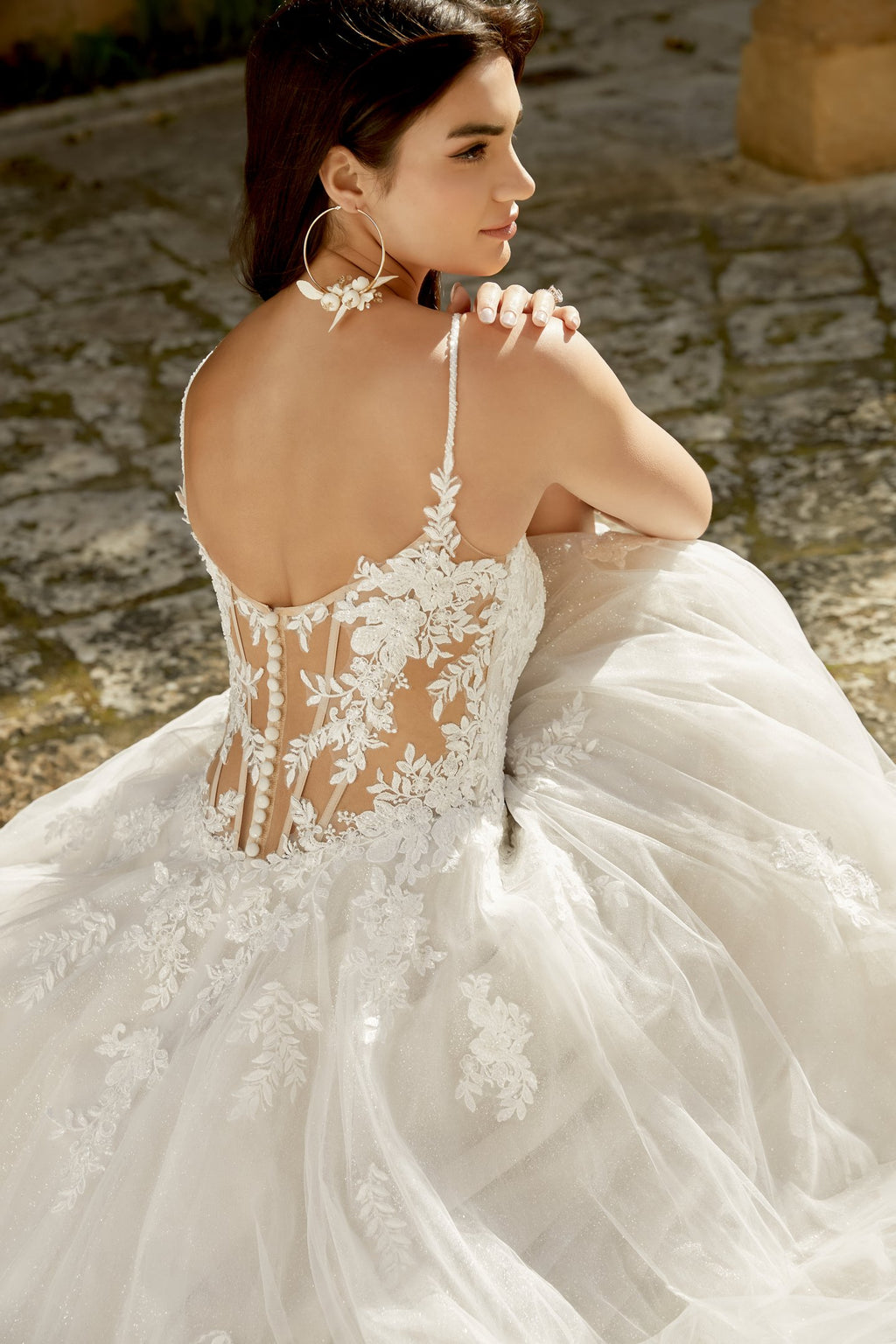 Glitter Tulle A-Line Gown with Square Neckline and Basque Waistline