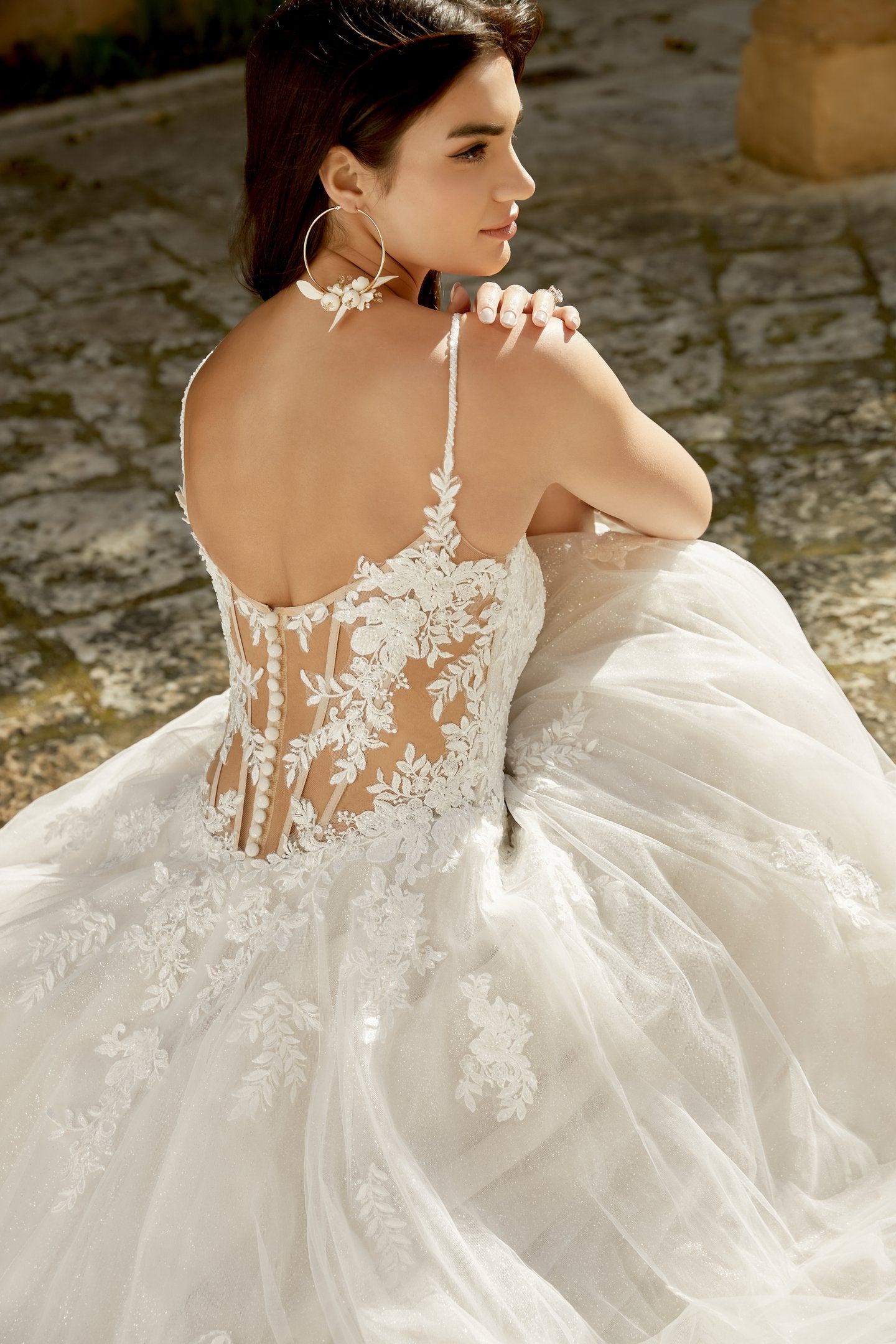 Glitter Tulle A-Line Gown with Square Neckline and Basque Waistline