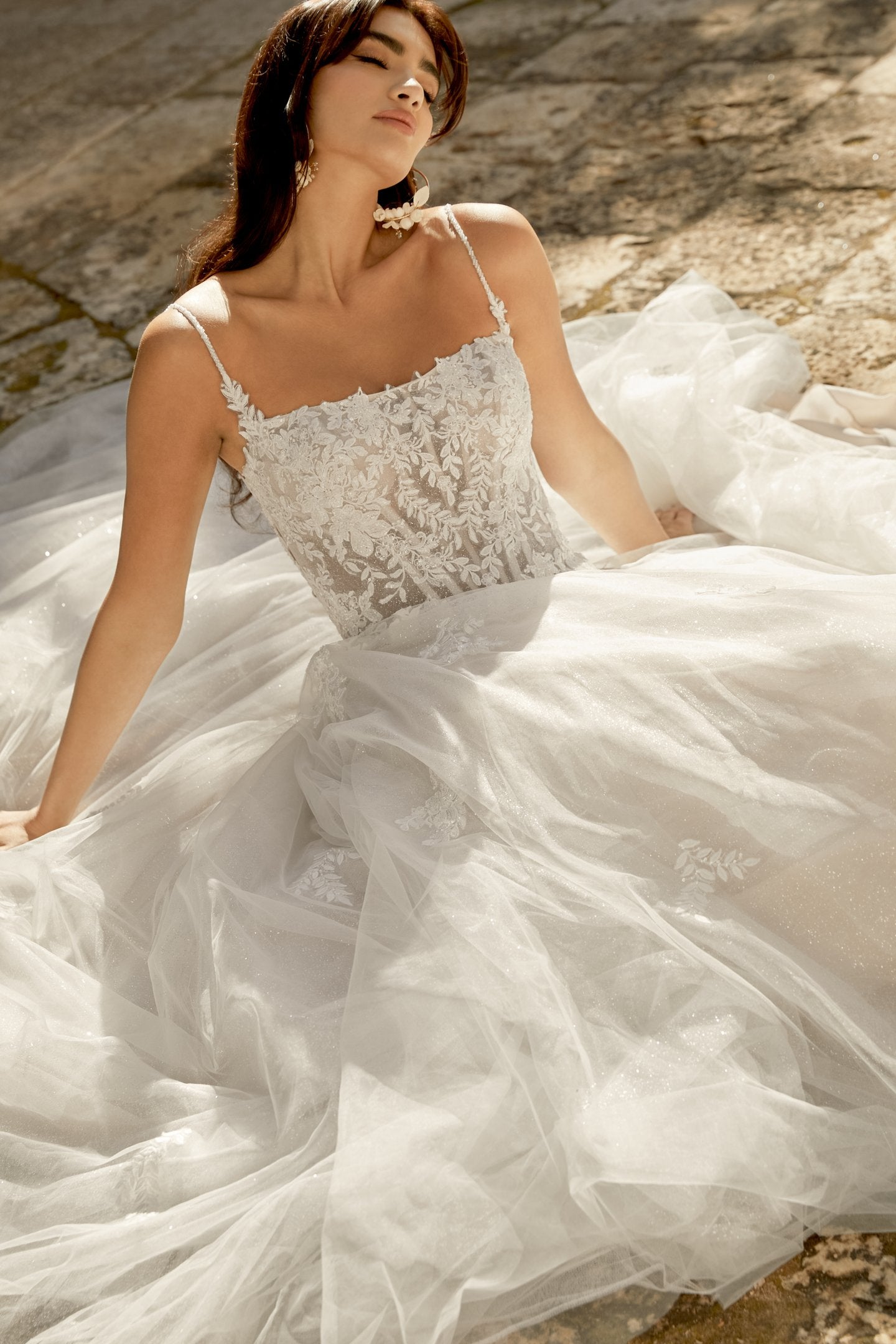 Glitter Tulle A-Line Gown with Square Neckline and Basque Waistline