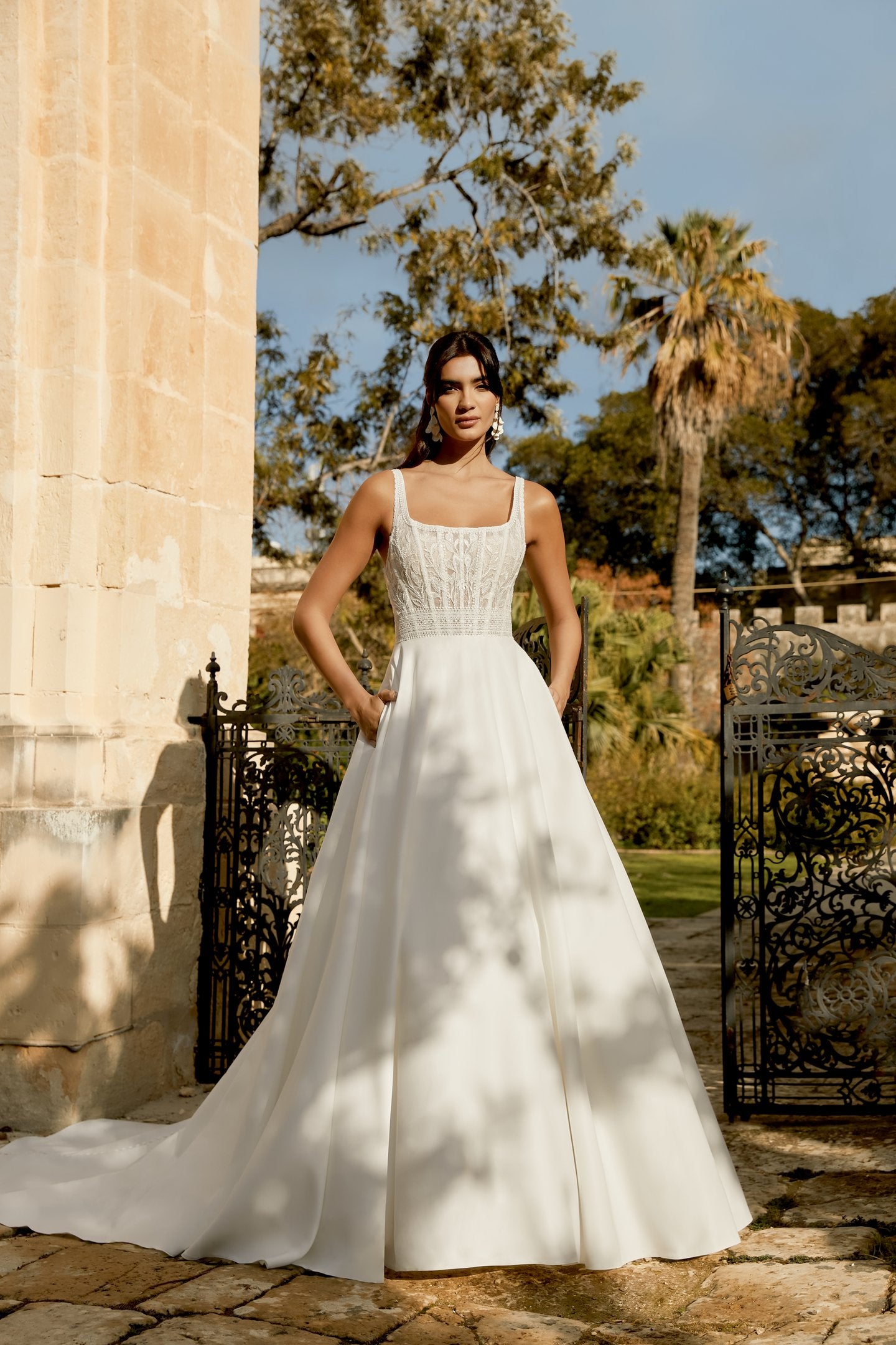Lace and Satin A-Line with Square Neckline and Scoop Back