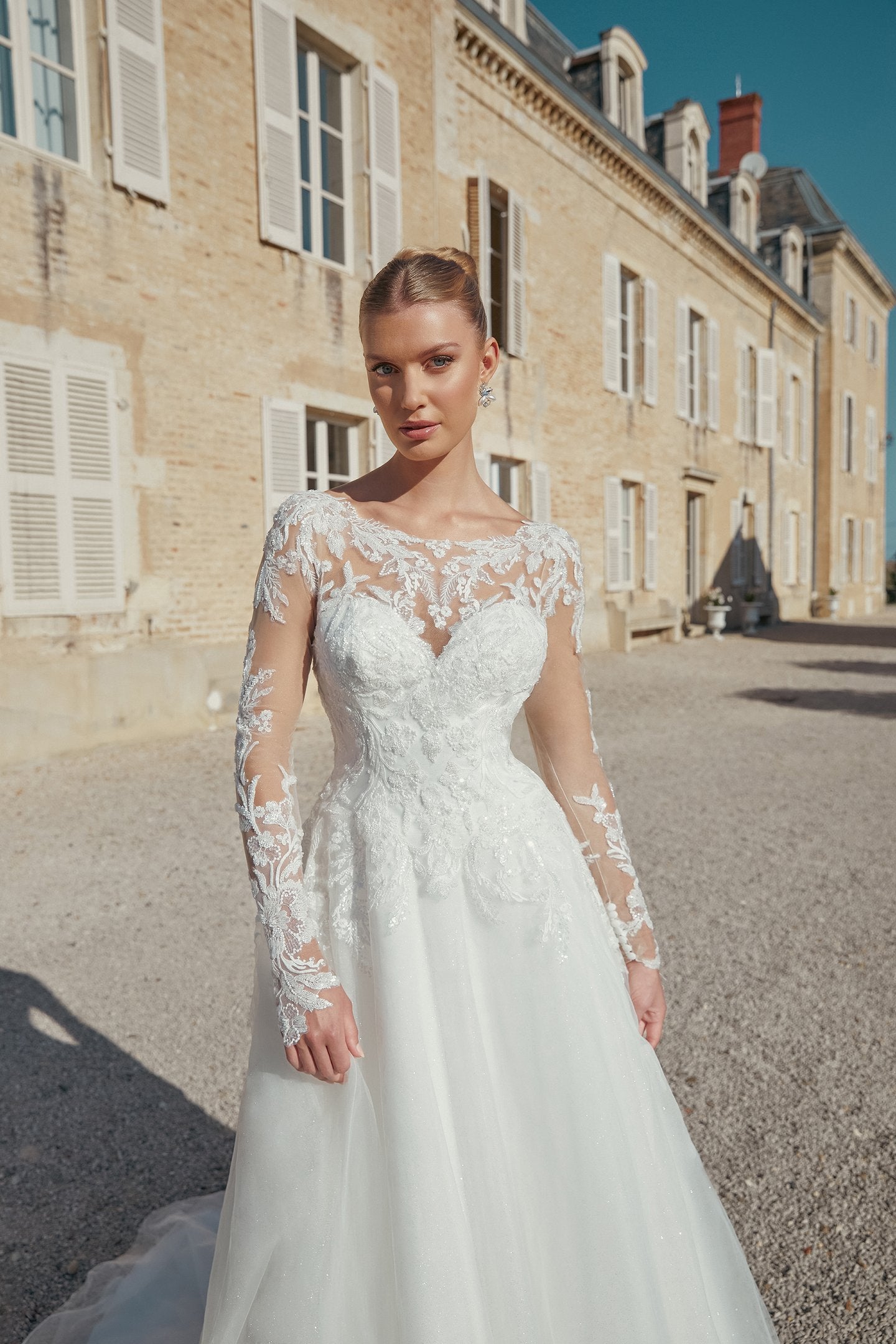 Long Sleeve Sparkle Tulle A-Line Bridal Gown with Dropped Waist