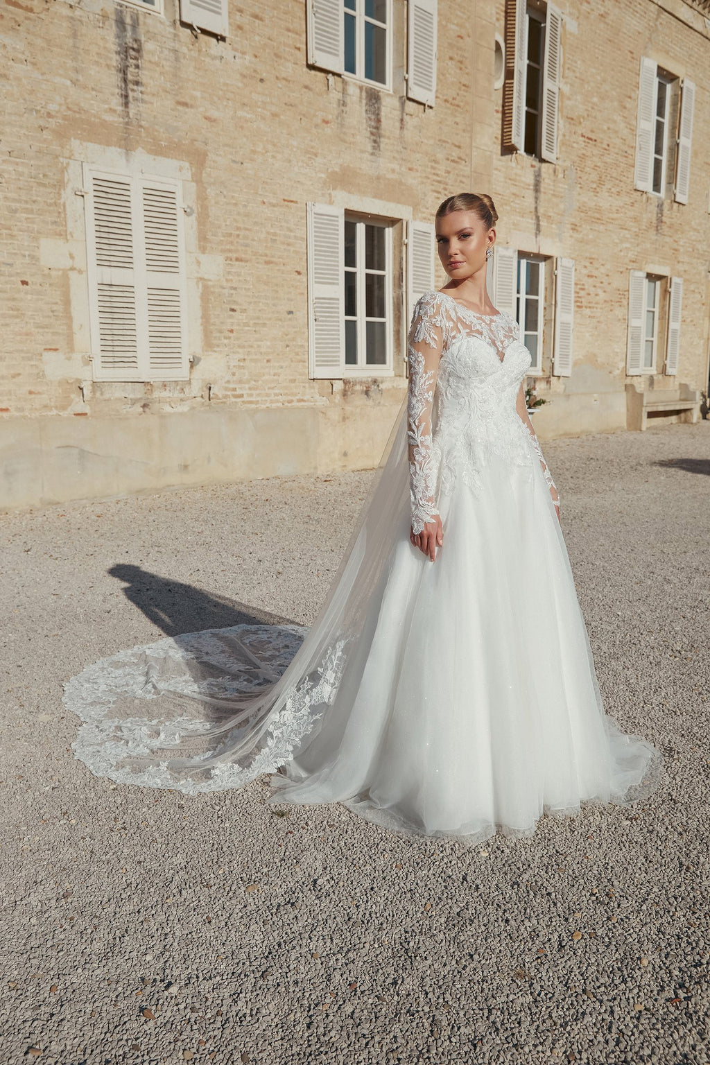 Long Sleeve Sparkle Tulle A-Line Bridal Gown with Dropped Waist