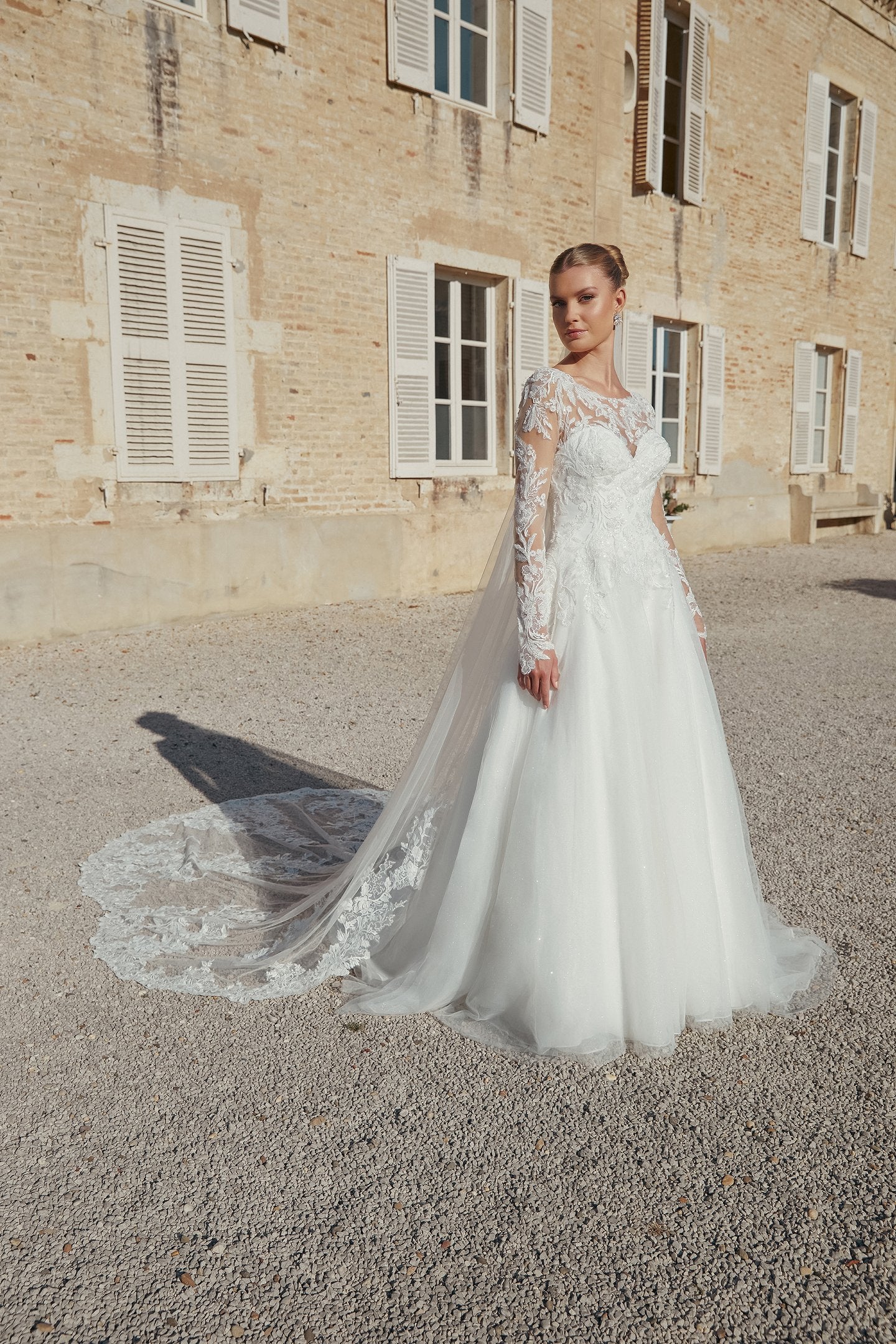 Long Sleeve Sparkle Tulle A-Line Bridal Gown with Dropped Waist