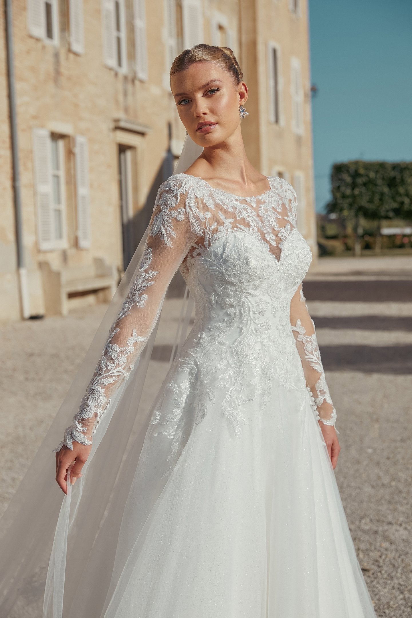 Long Sleeve Sparkle Tulle A-Line Bridal Gown with Dropped Waist
