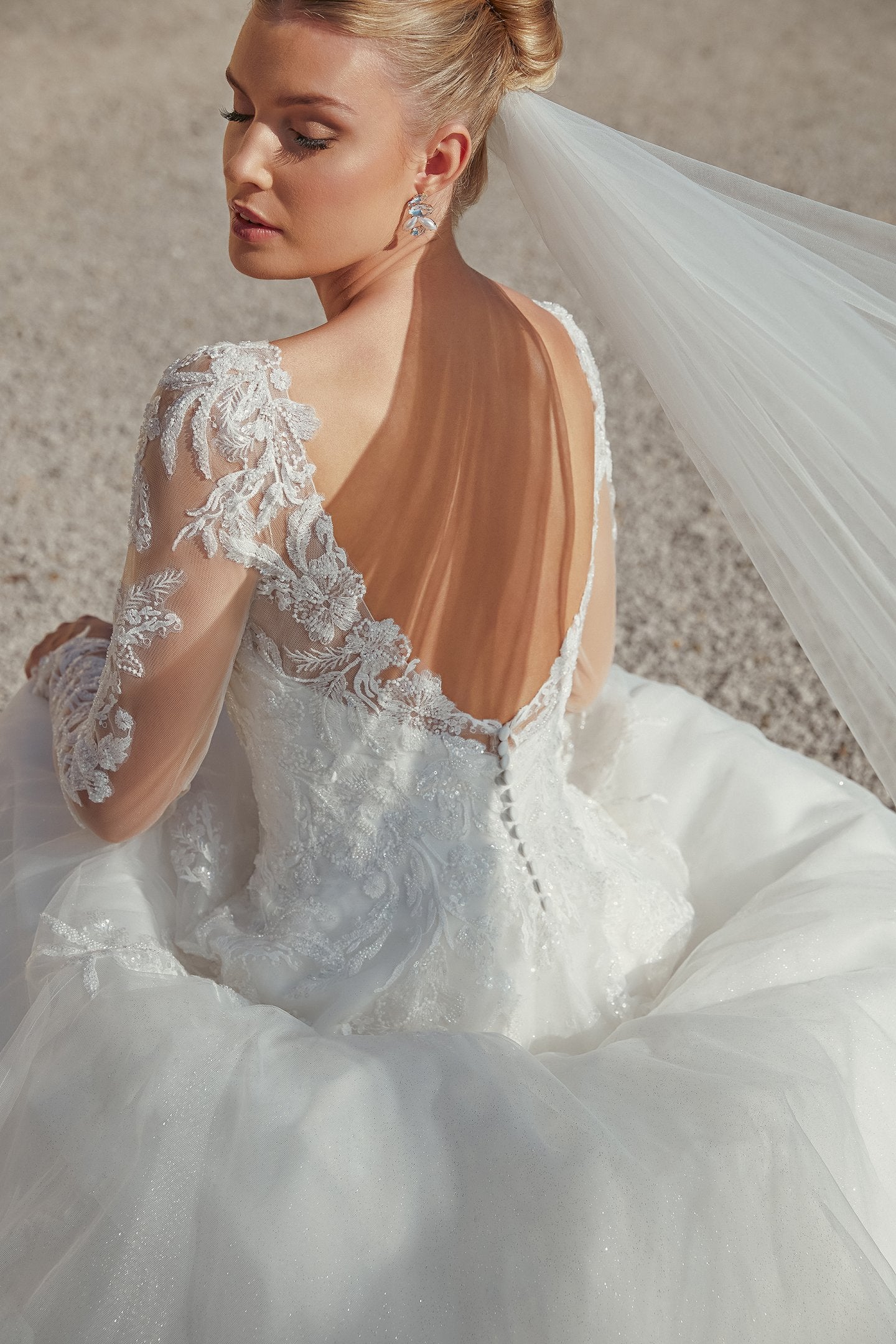 Long Sleeve Sparkle Tulle A-Line Bridal Gown with Dropped Waist