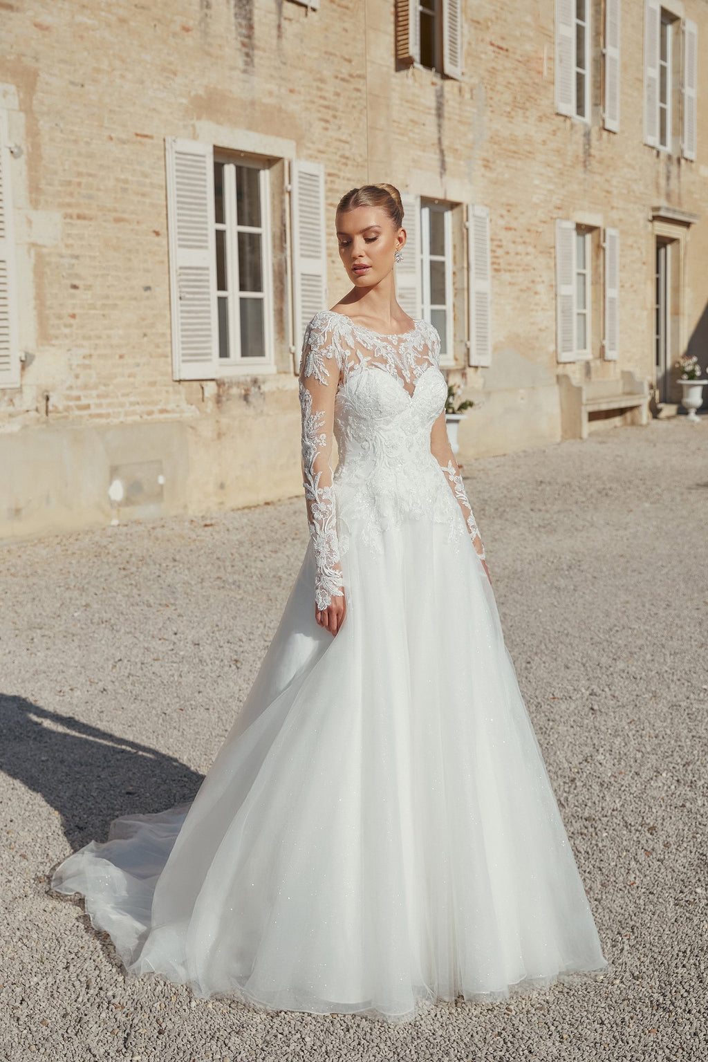 Long Sleeve Sparkle Tulle A-Line Bridal Gown with Dropped Waist