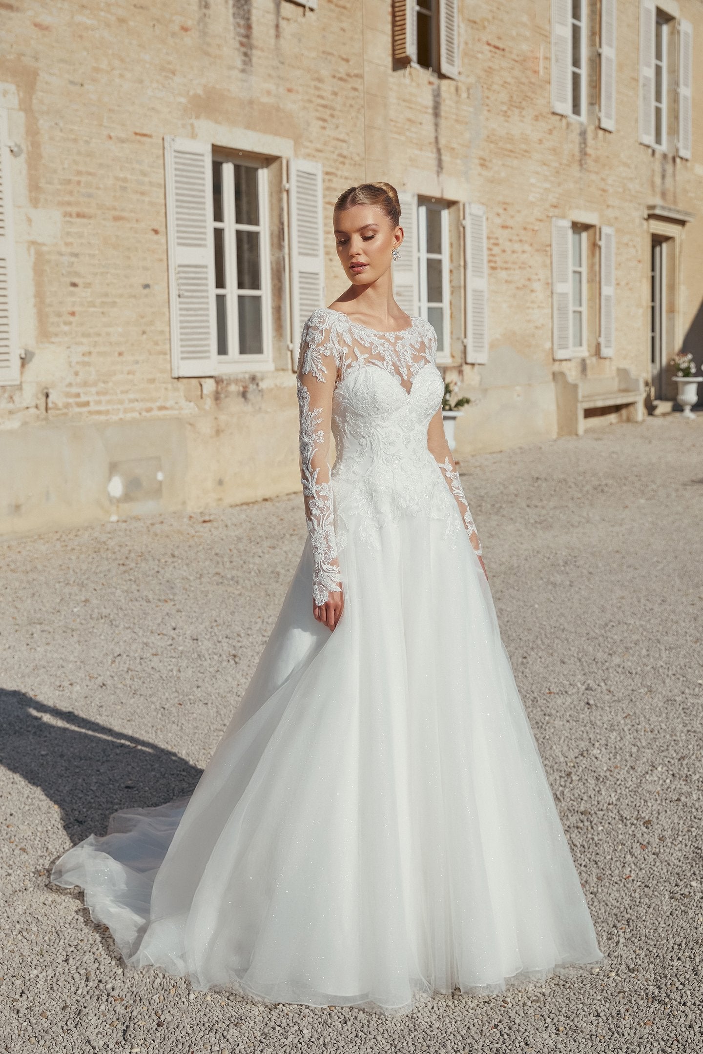Long Sleeve Sparkle Tulle A-Line Bridal Gown with Dropped Waist