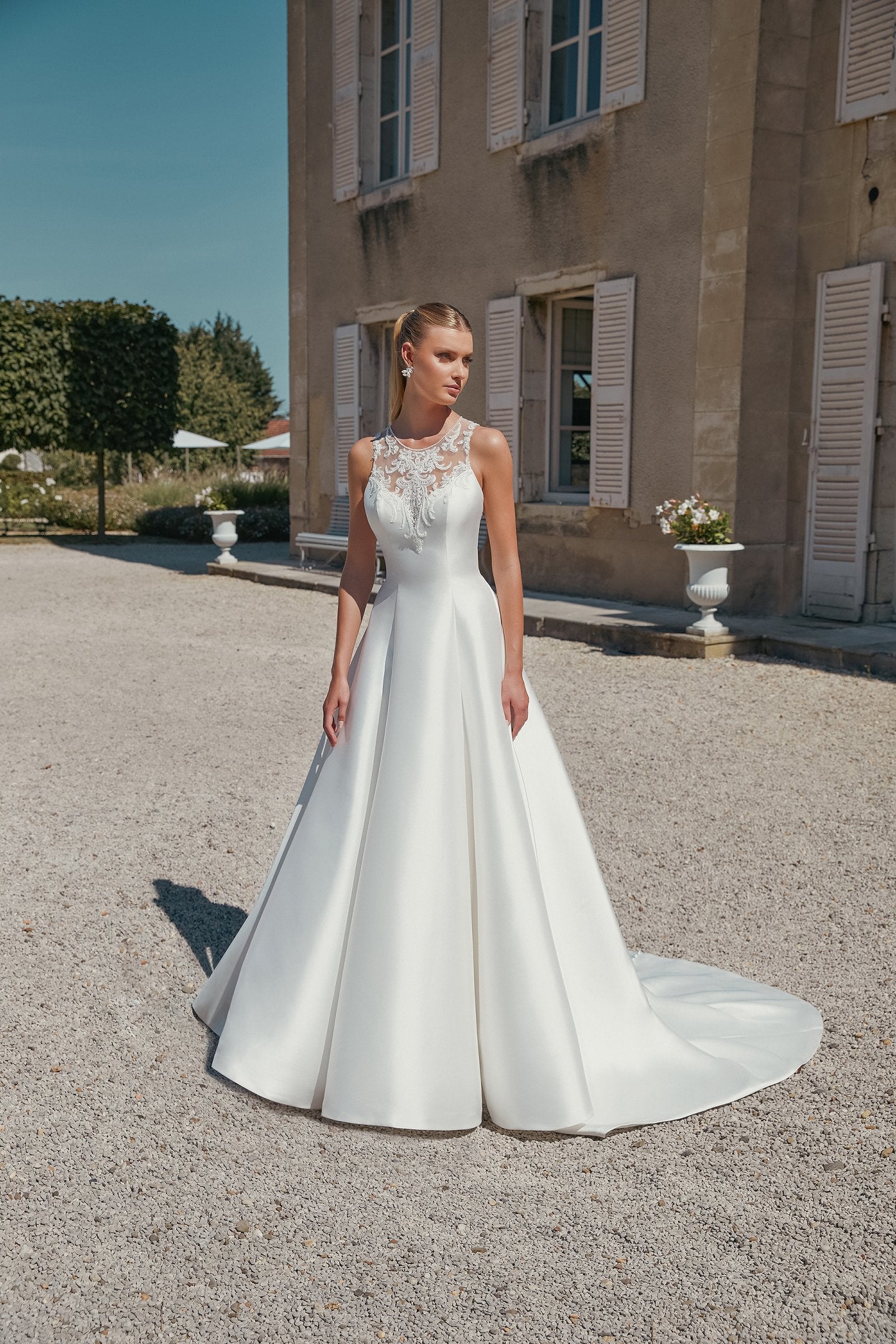 Mikado A-Line Bridal Gown with Beaded and Sequined Lace Appliqués