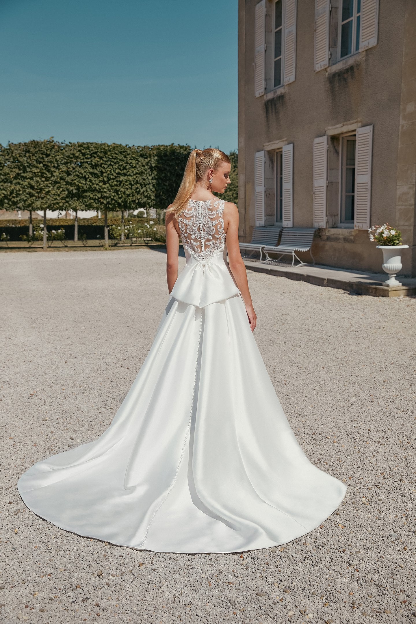 Mikado A-Line Bridal Gown with Beaded and Sequined Lace Appliqués