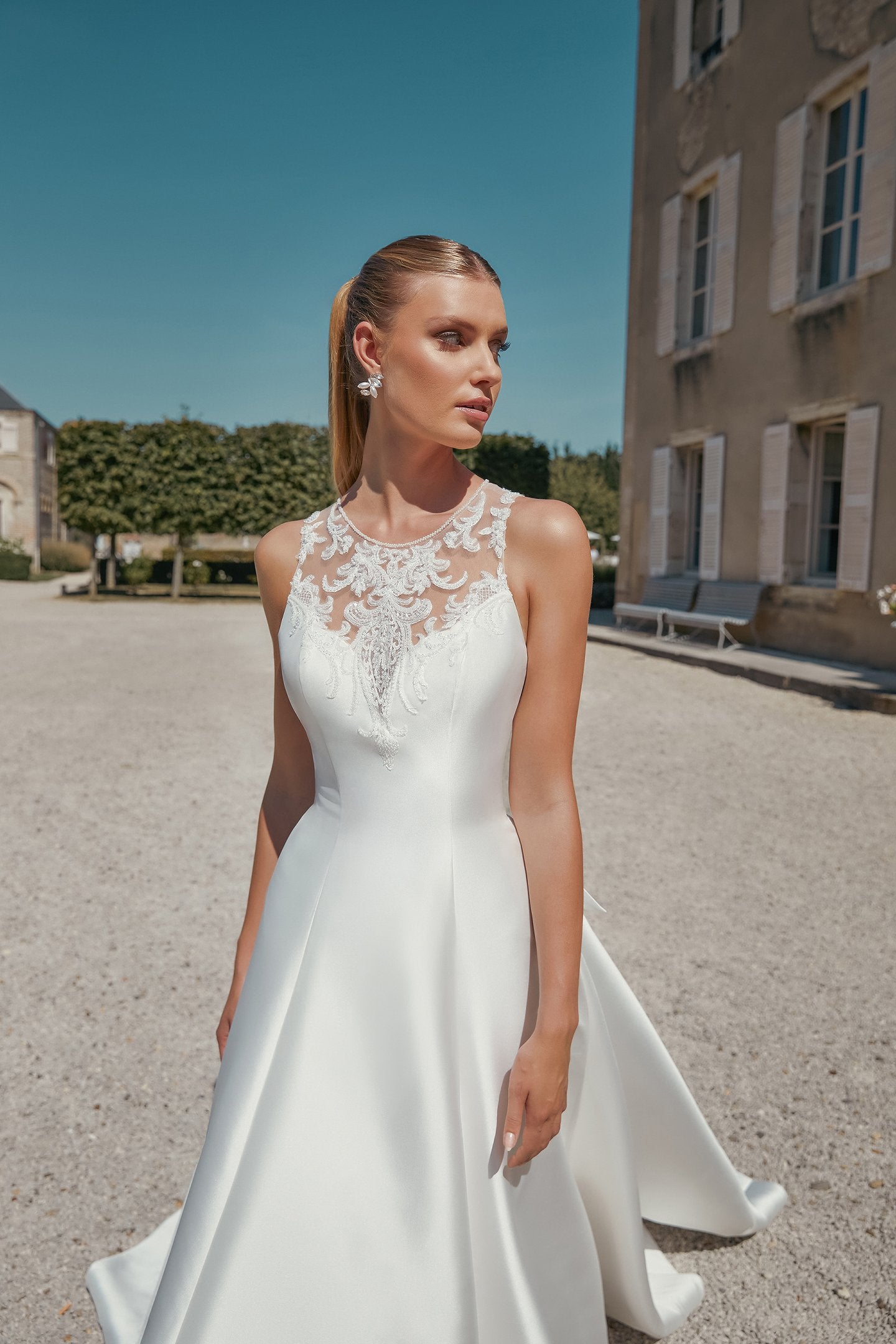 Mikado A-Line Bridal Gown with Beaded and Sequined Lace Appliqués