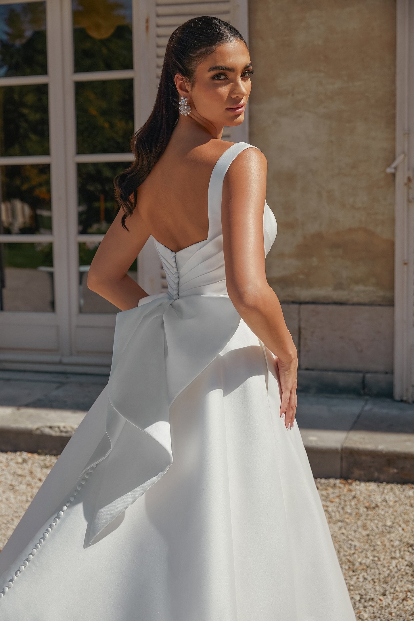 Mikado A-Line Bridal Gown with Pleated Bodice and Detachable Bow