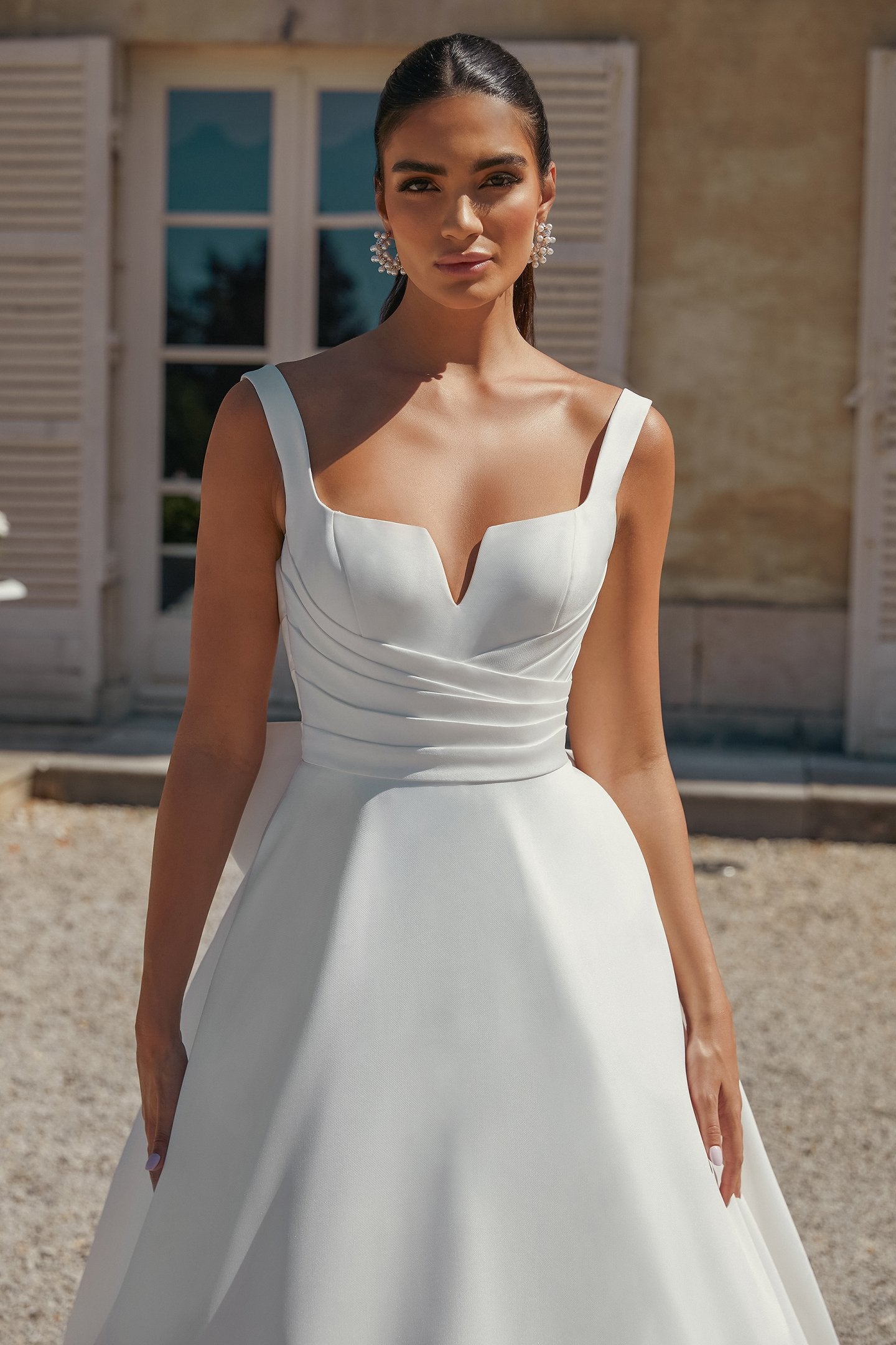 Mikado A-Line Bridal Gown with Pleated Bodice and Detachable Bow
