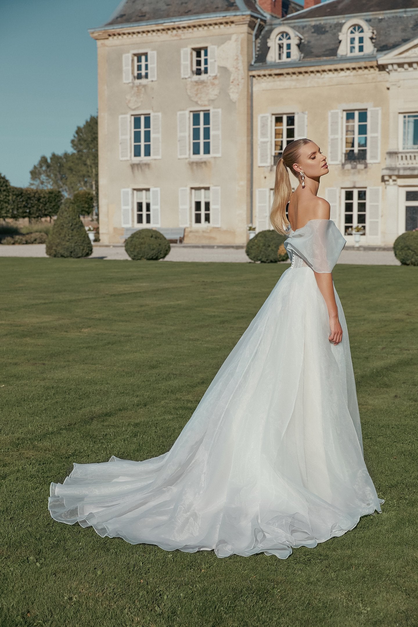 Organza A-Line Gown with Lightly Pleated Off-The-Shoulder Neckline