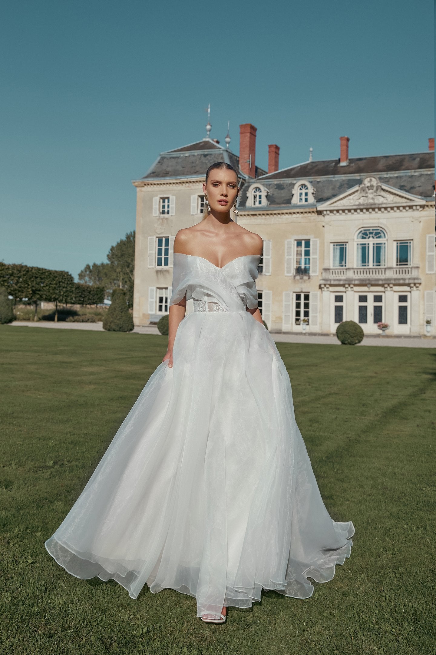 Organza A-Line Gown with Lightly Pleated Off-The-Shoulder Neckline