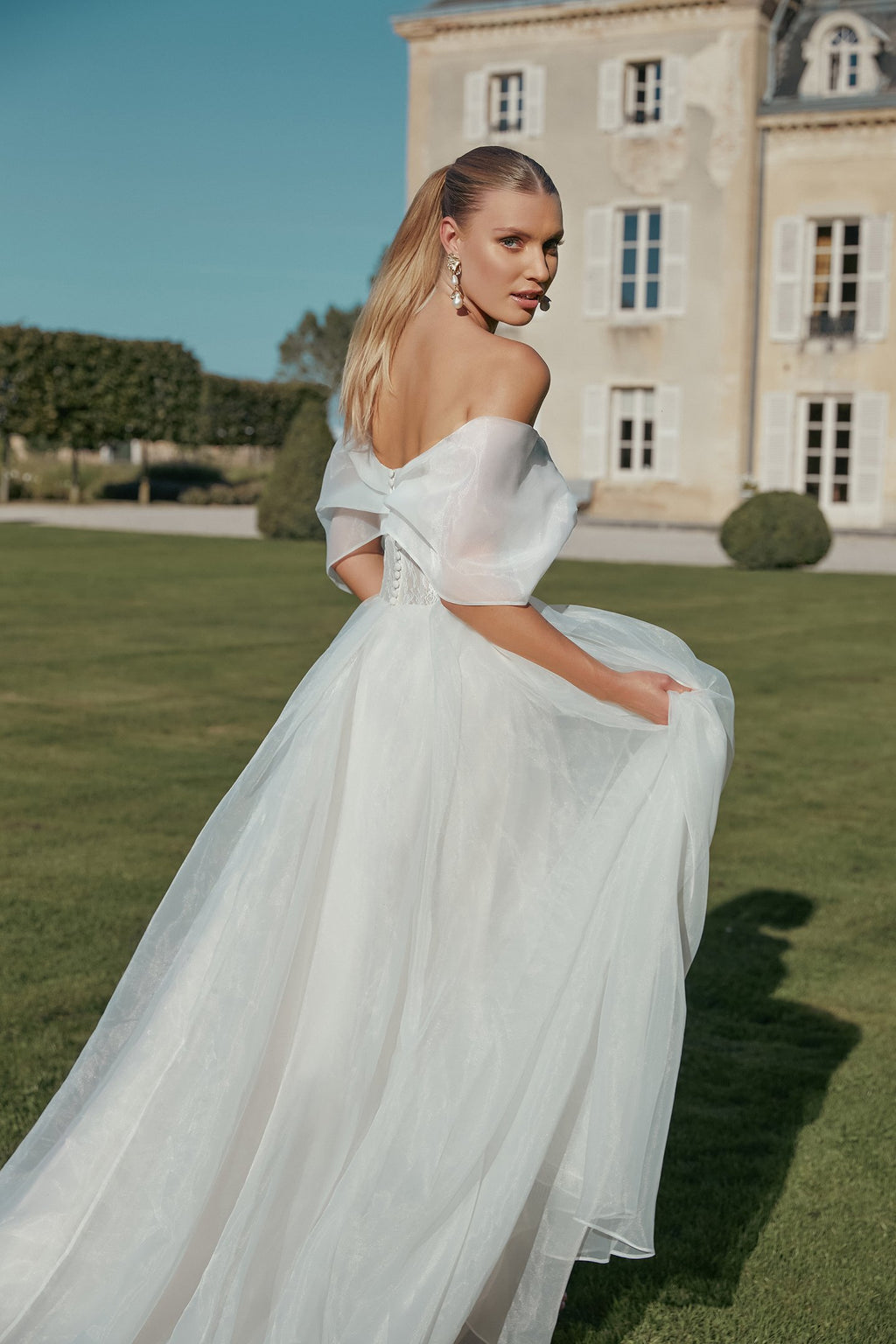 Organza A-Line Gown with Lightly Pleated Off-The-Shoulder Neckline