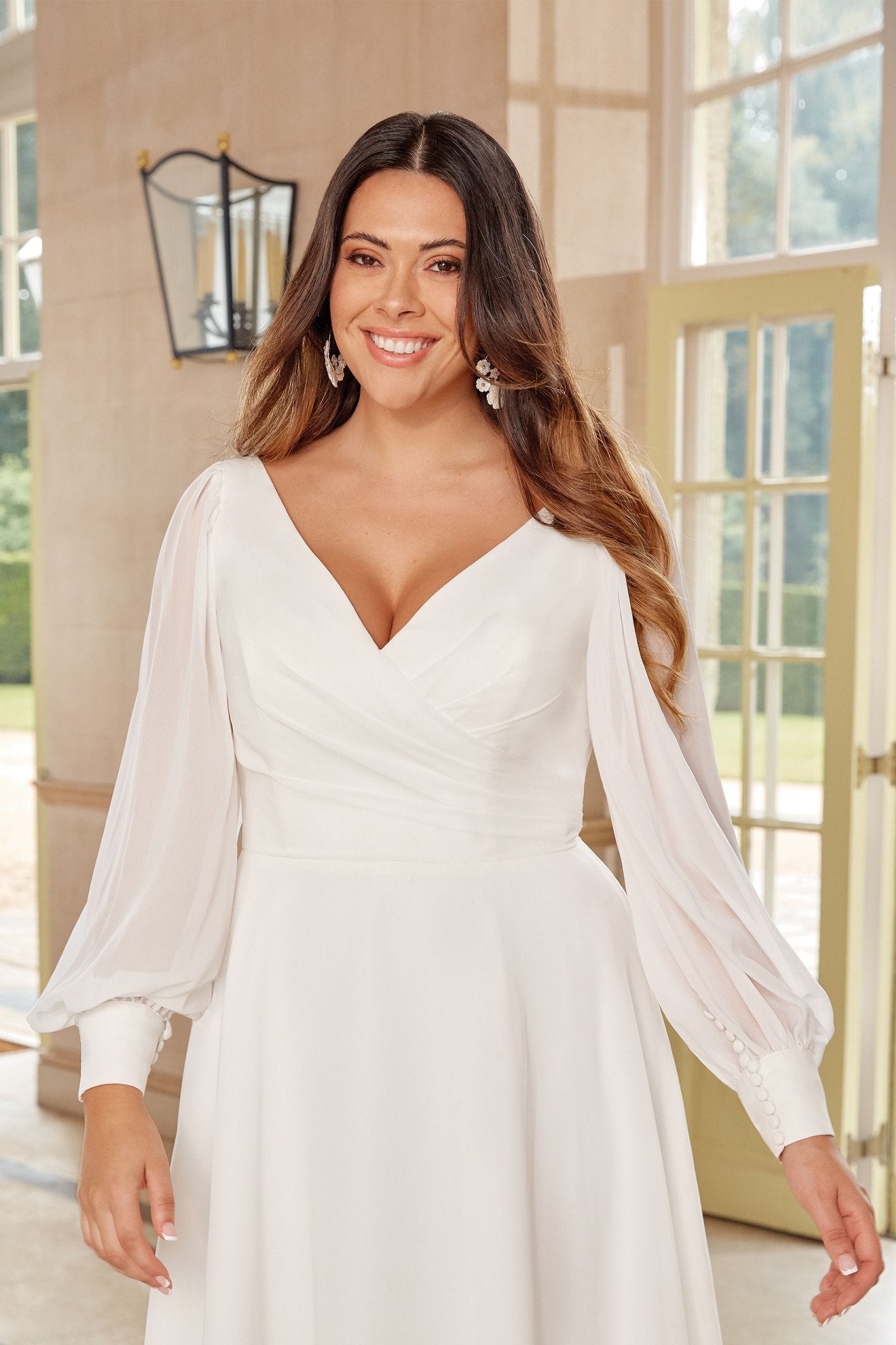 Plus Size Chiffon A-Line Gown with V-Neckline and Bishop Sleeves