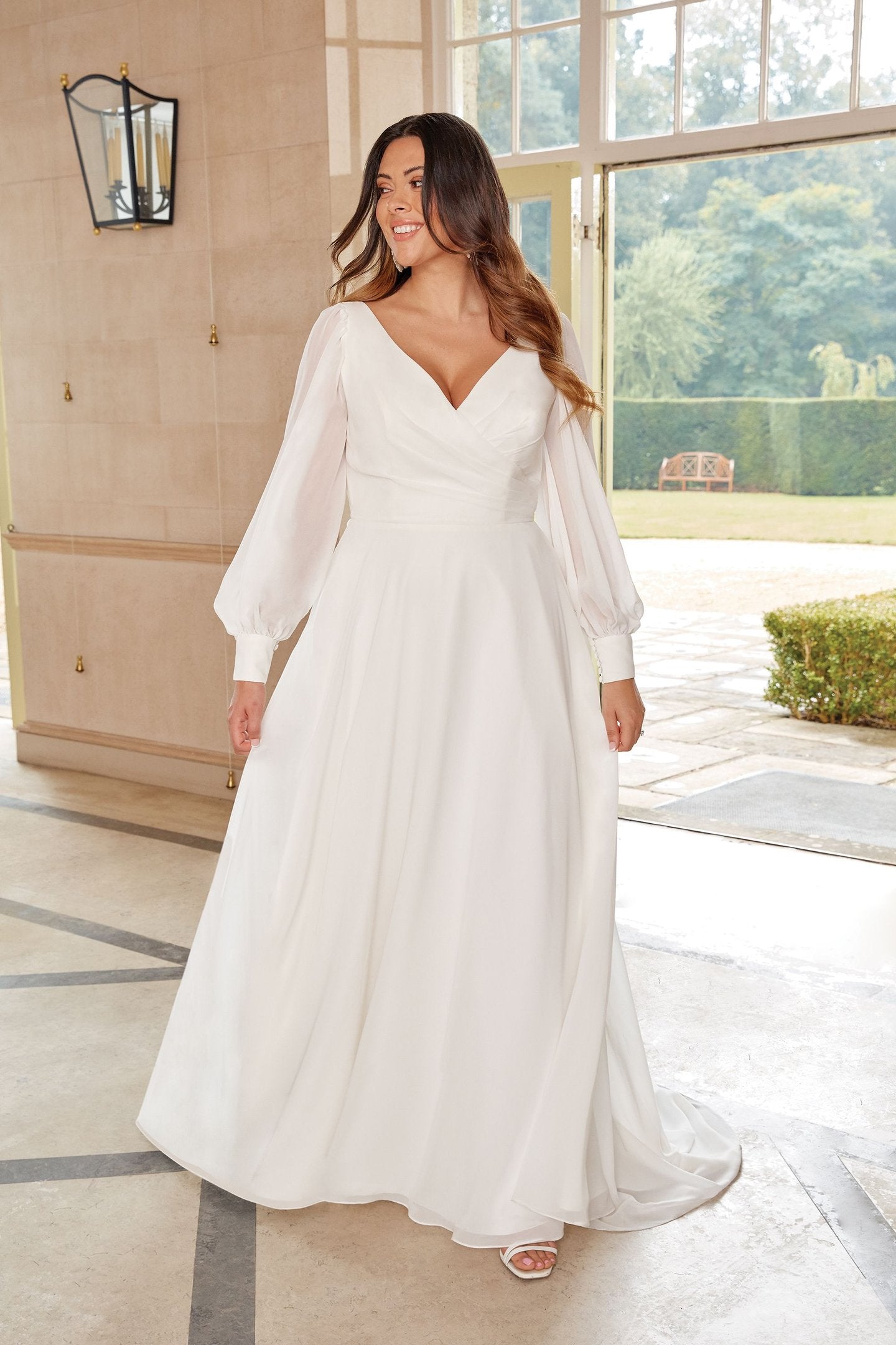 Plus Size Chiffon A-Line Gown with V-Neckline and Bishop Sleeves