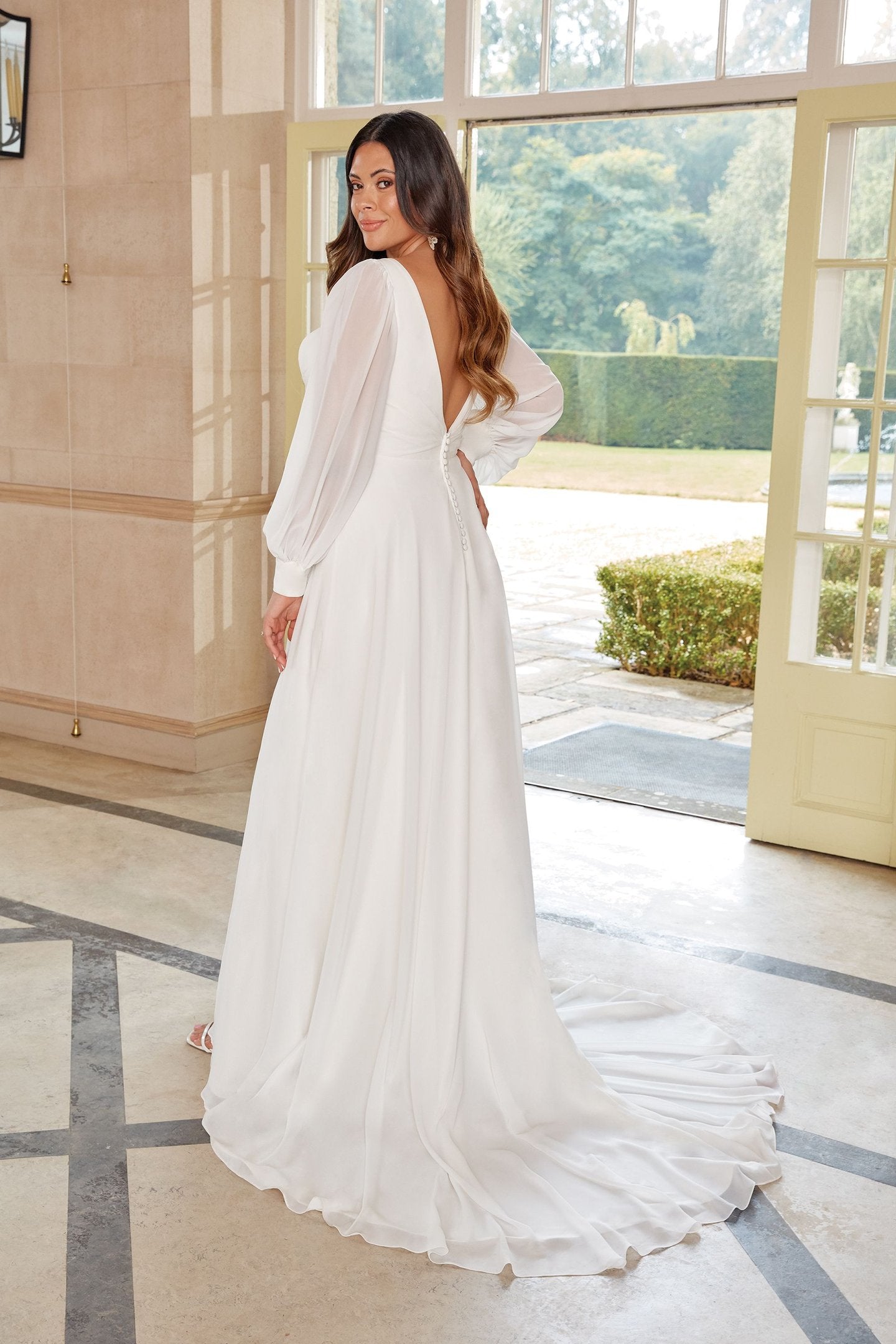 Plus Size Chiffon A-Line Gown with V-Neckline and Bishop Sleeves