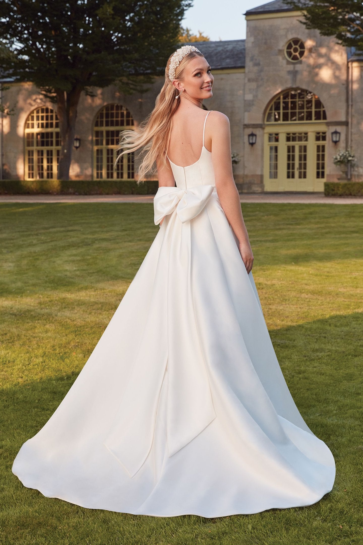 Square Neck Mikado A-Line Bridal Gown with Bow Detail