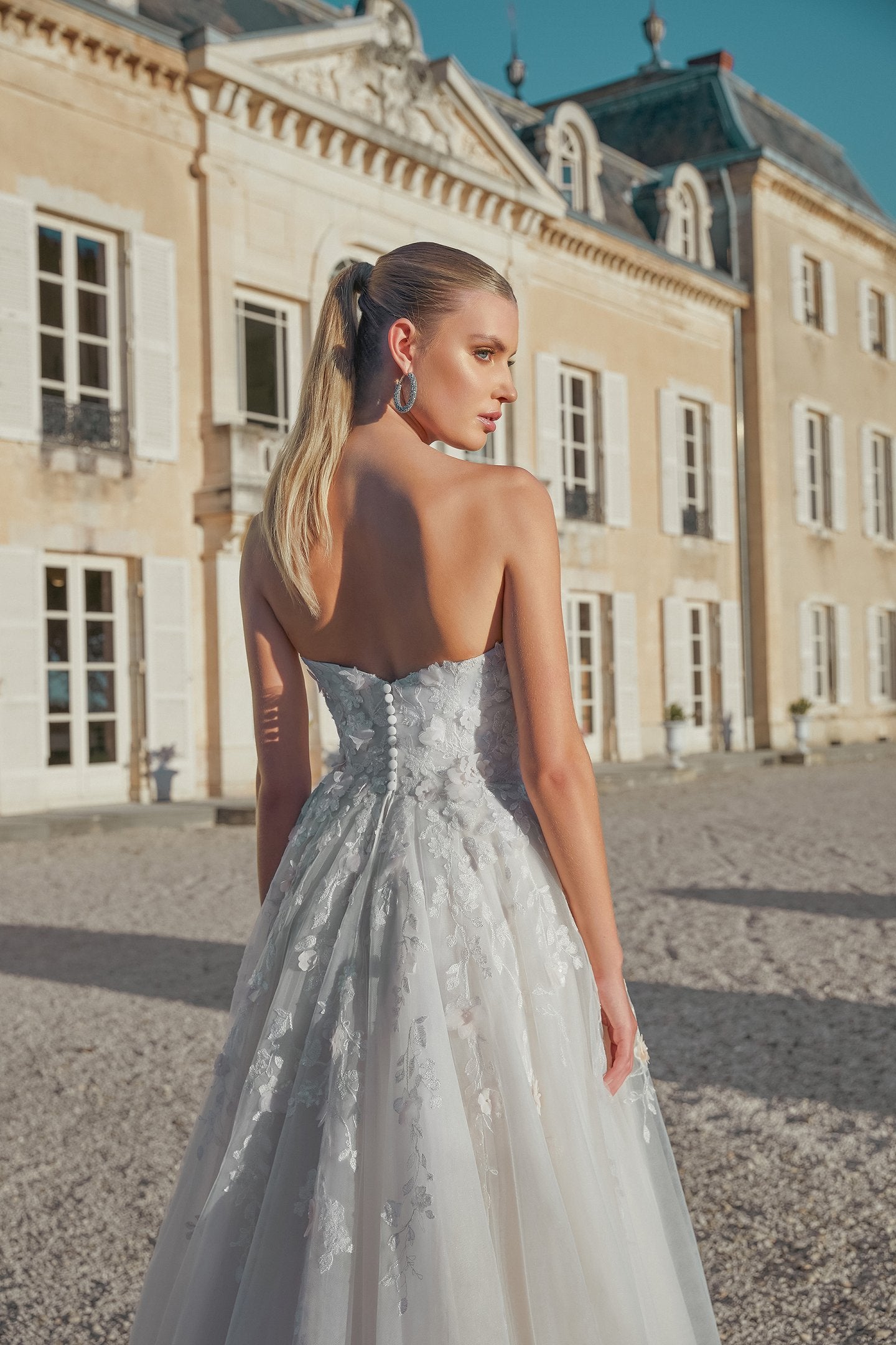 Strapless A-Line Gown with Notch Neckline and Allover Lace Appliques