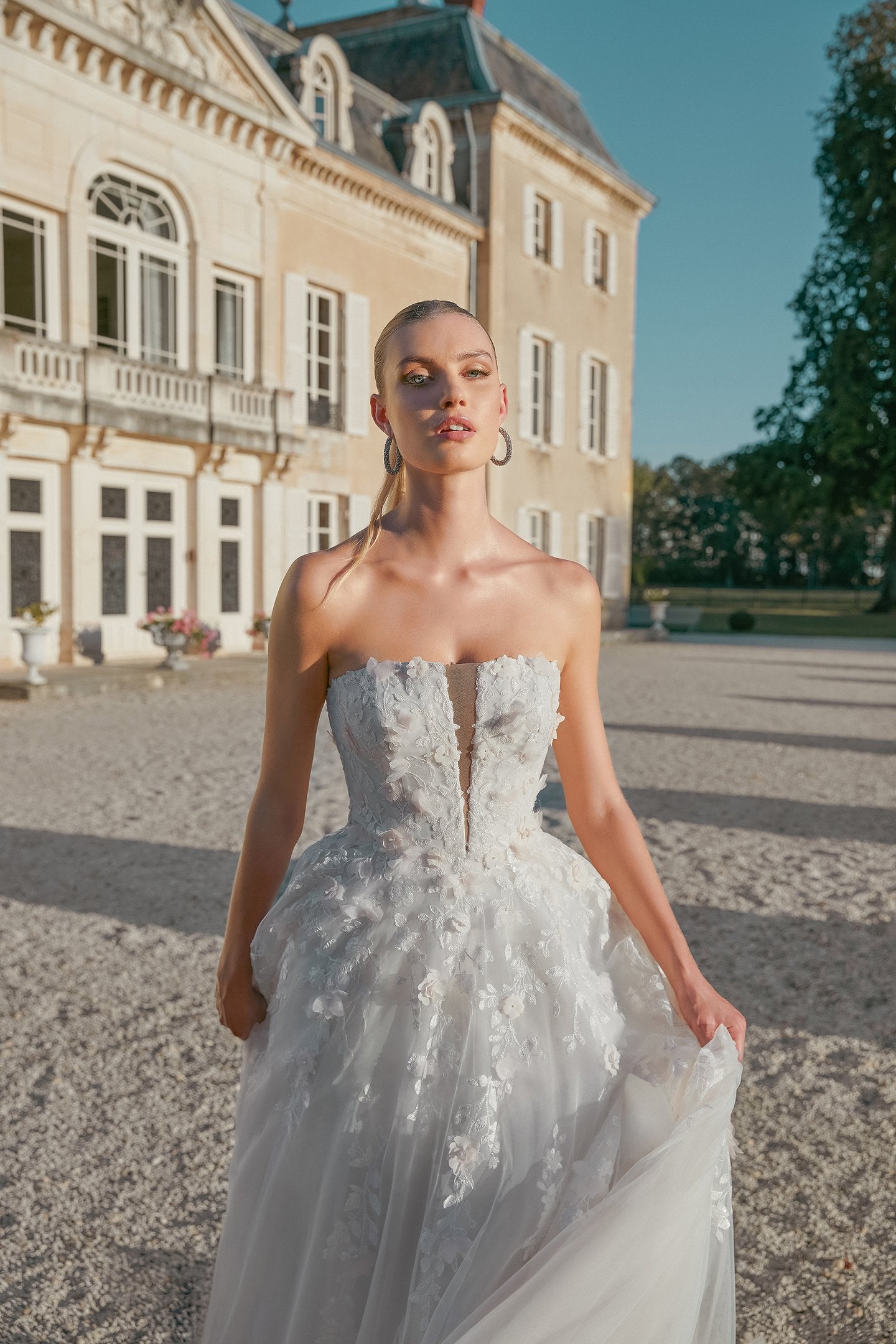 Strapless A-Line Gown with Notch Neckline and Allover Lace Appliques