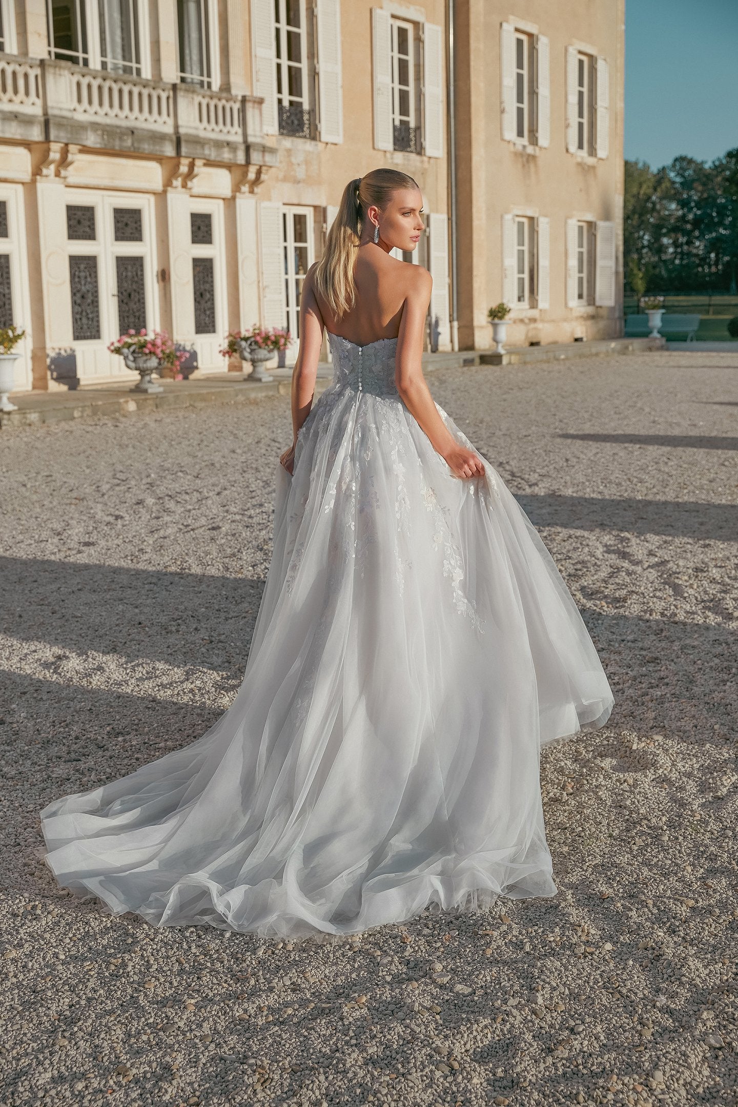 Strapless A-Line Gown with Notch Neckline and Allover Lace Appliques