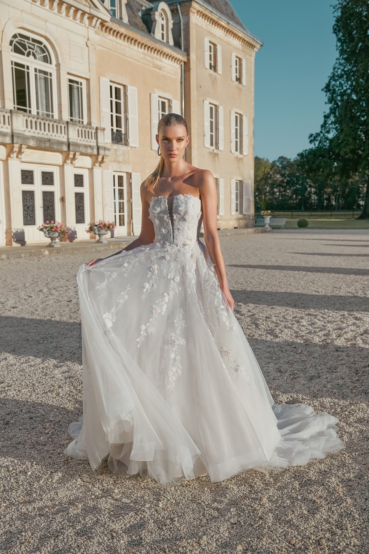 Strapless A-Line Gown with Notch Neckline and Allover Lace Appliques
