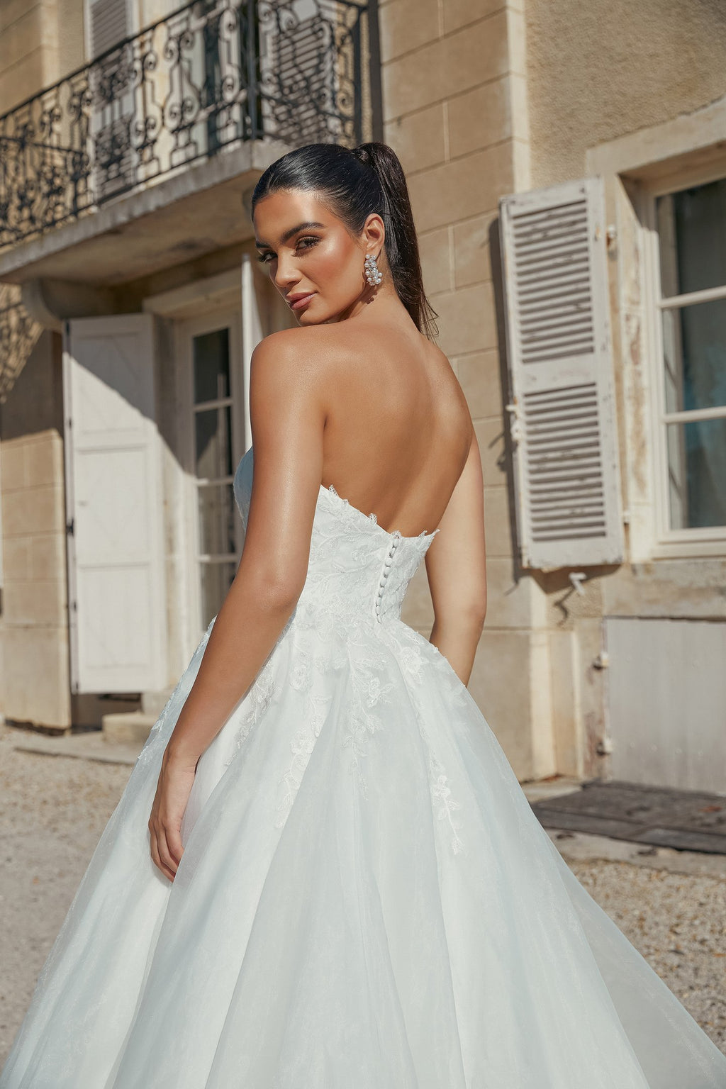 Strapless Organza A-Line Bridal Gown with Chantilly Lace Underlay