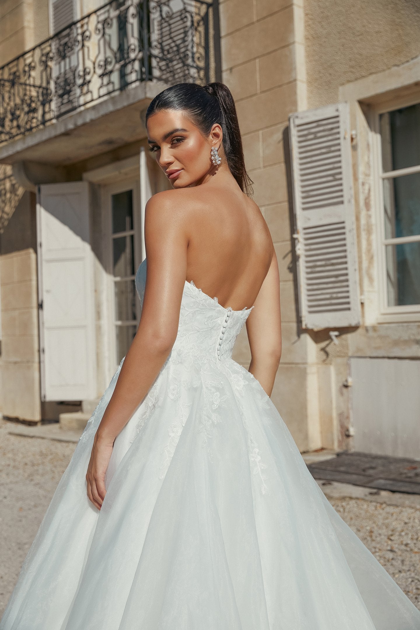 Strapless Organza A-Line Bridal Gown with Chantilly Lace Underlay